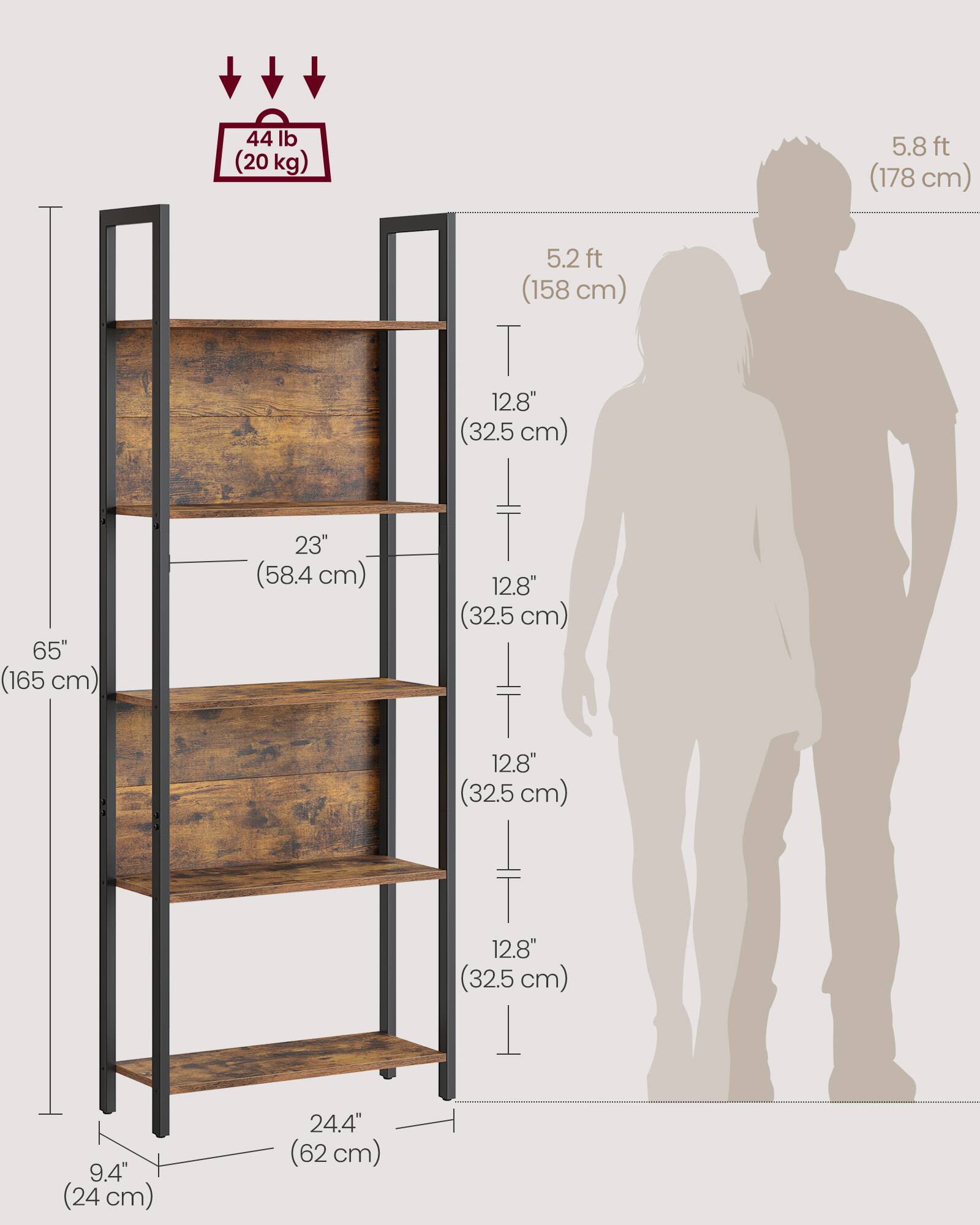 44 lb (20 kg)  
5.8 ft (178 cm)  
5.2 ft (158 cm)  
12.8" (32.5 cm)  
65" (165 cm)  
23" (58.4 cm)  
12.8" (32.5 cm)  
12.8" (32.5 cm)  
12.8" (32.5 cm)  
9.4" (24 cm)  
24.4" (62 cm)