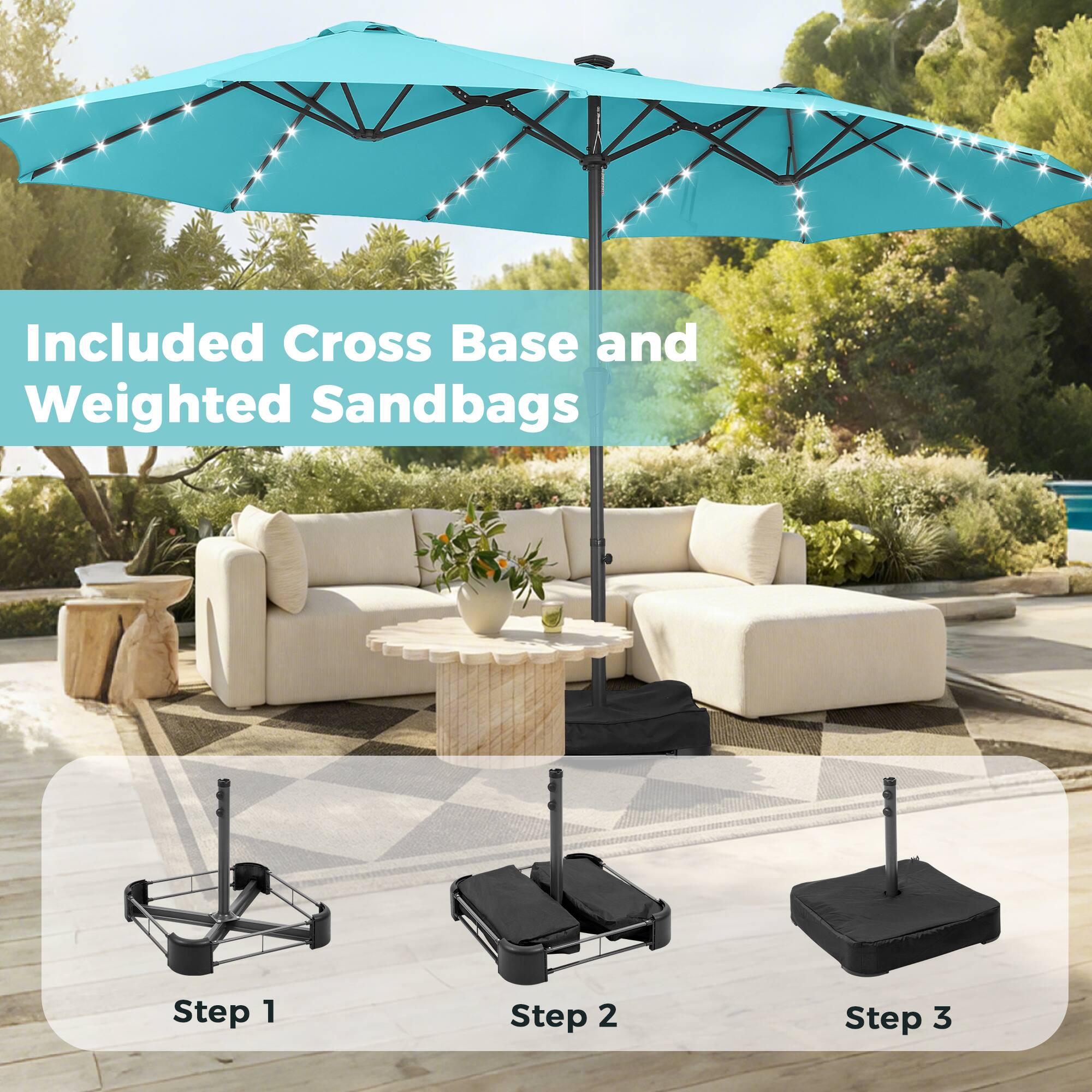 Included Cross Base and Weighted Sandbags

Step 1

Step 2

Step 3