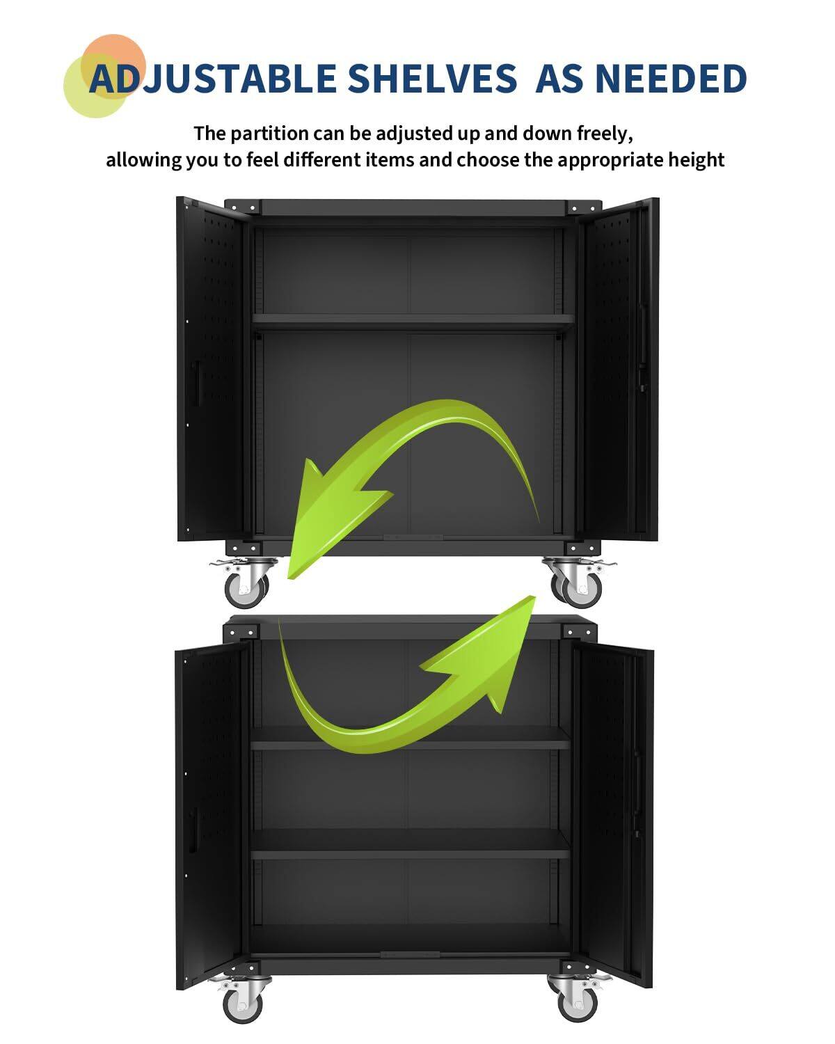 Alt View 2. Acekool - Metal Garage Storage Cabinet with Wheels & Lock, 35.4 x 31.5 x 16.5 in Rolling Cabinet with Adjustable Shelves - Black.