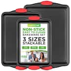 nutrichef NON-STICK EASY TO CLEAN BAKEWARE SET 3 SIZES STACKABLE Small 13.38" x 8.66 Medium 15.1 x 10.03 Large 17.1 x 11.8 PFOA FREE PFOS FREE