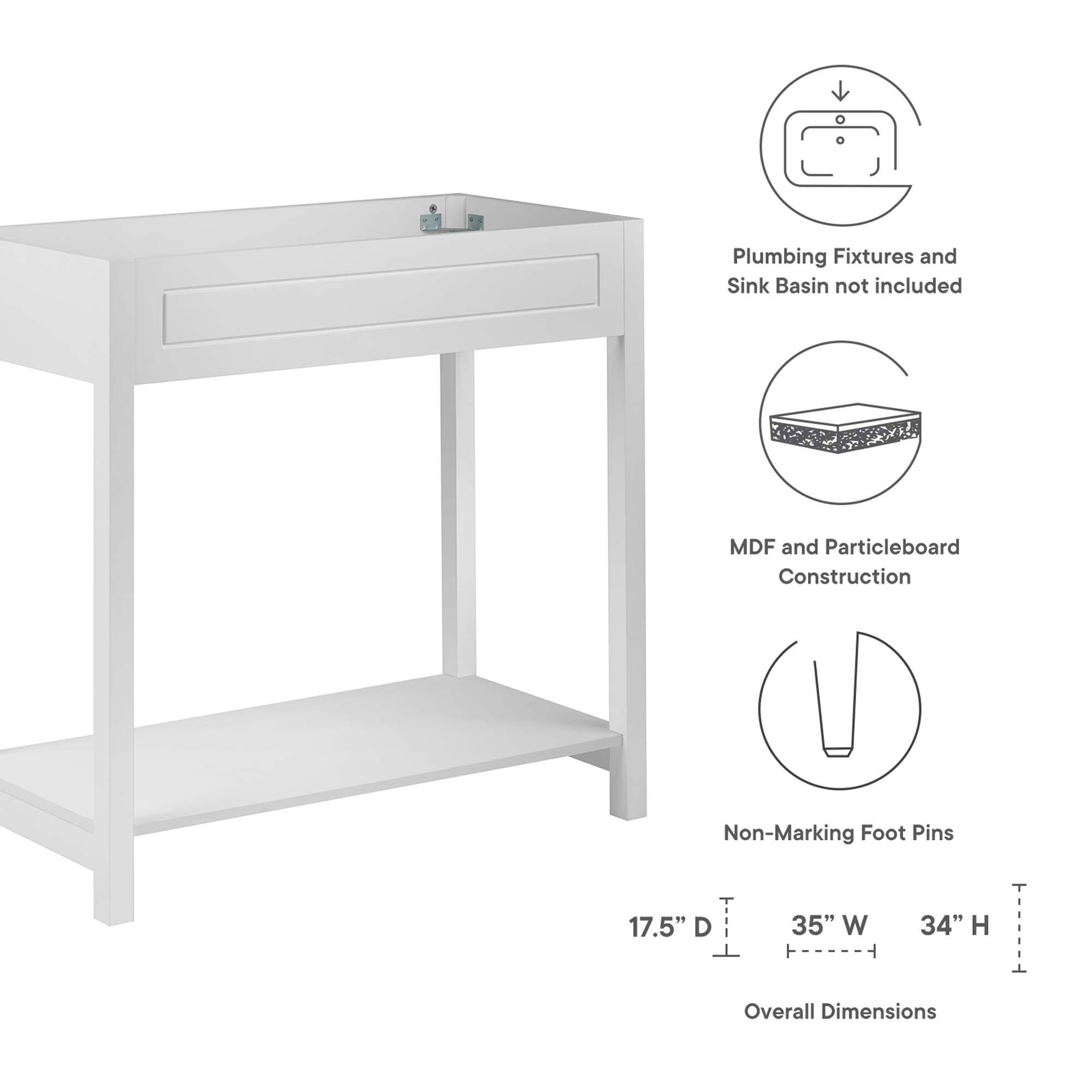 Plumbing Fixtures and Sink Basin not included  
MDF and Particleboard Construction  
Non-Marking Foot Pins  

17.5" D  
35" W  
34" H  

Overall Dimensions
