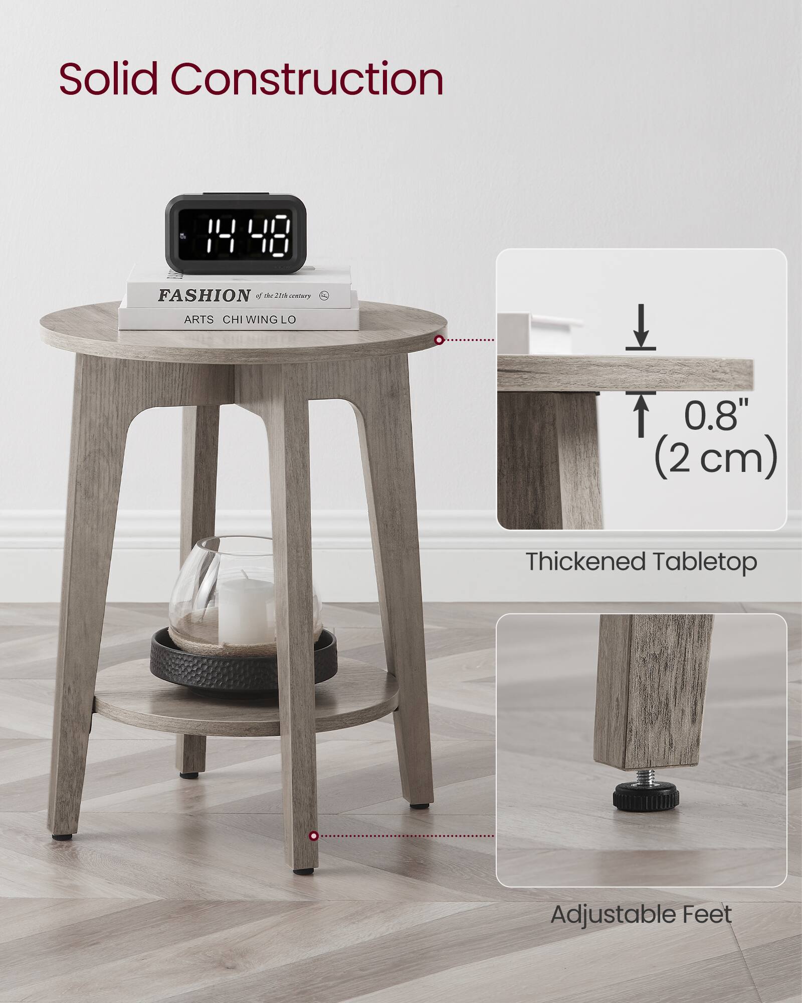 Solid Construction

FASHION of the 21st century  
ARTS CHI WING LO

14:48

Thickened Tabletop  
0.8" (2 cm)

Adjustable Feet