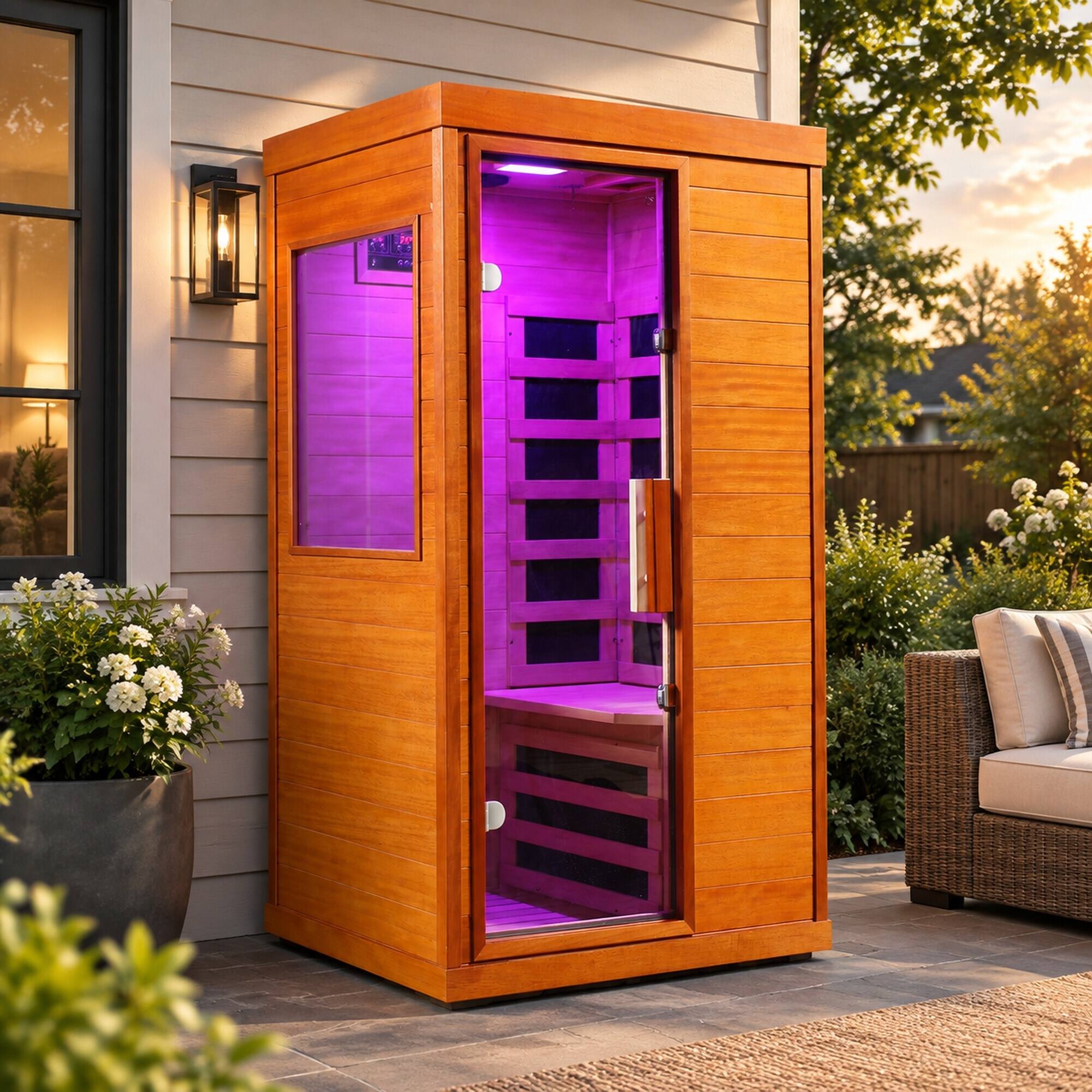 Angle. RYHNUYNE - Far Infrared Indoor Sauna Room, Okoume Wood, 35.4 x 27.5 x 63.3 in, Low EMF Carbon Fiber Panels, Bluetooth Audio - Natural.