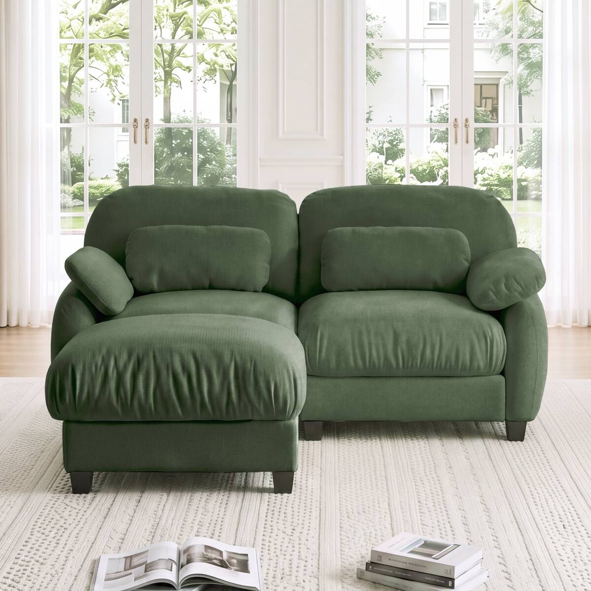 Ropilly 2 Seater L Shaped Sofa with Removable Ottoman, Green Chenille ...