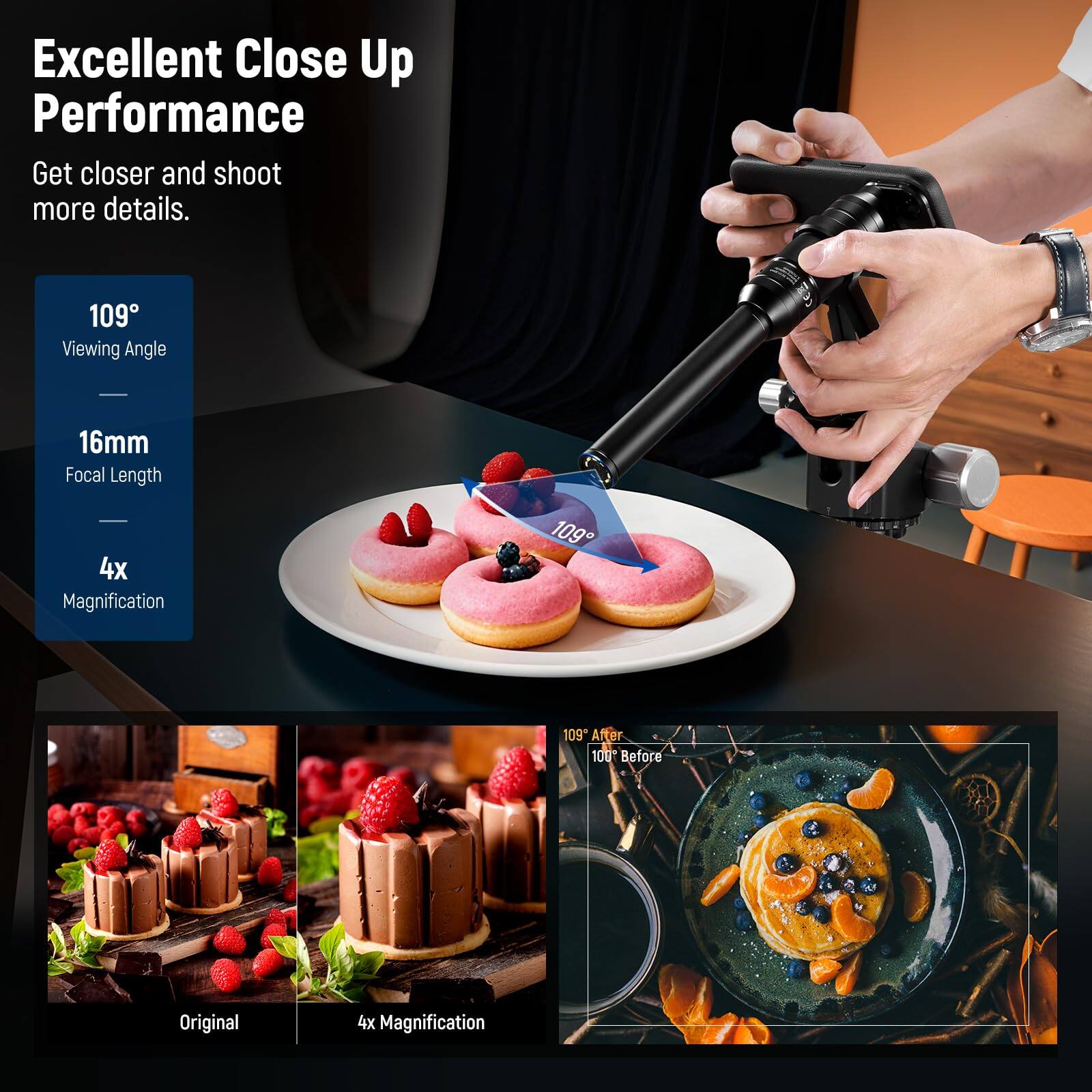 Excellent Close Up Performance  
Get closer and shoot more details.  

109° Viewing Angle  
16mm Focal Length  
4x Magnification  

109° After  
100° Before  

Original  
4x Magnification