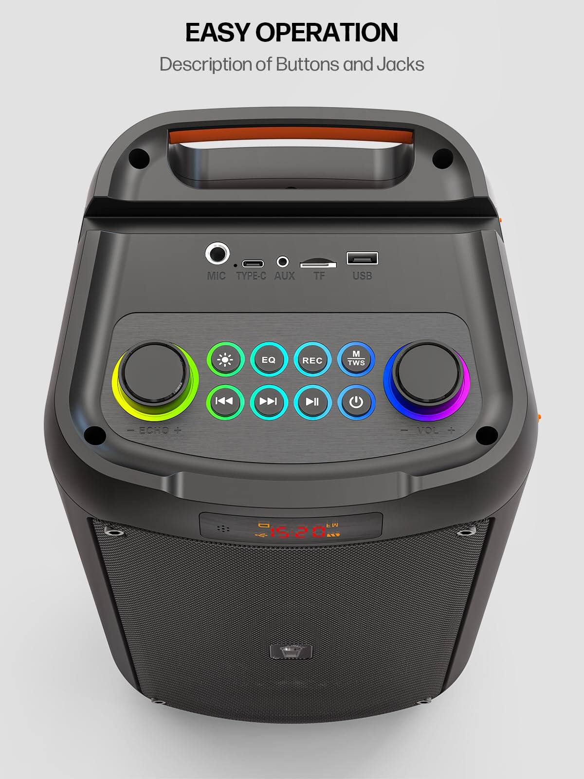 EASY OPERATION  
Description of Buttons and Jacks

- MIC
- TYPE-C
- AUX
- TF
- USB

- EQ
- REC
- M TWS
- VOL
- ECHO

- PLAY
- PAUSE
- NEXT
- PREVIOUS
- POWER

- 20W