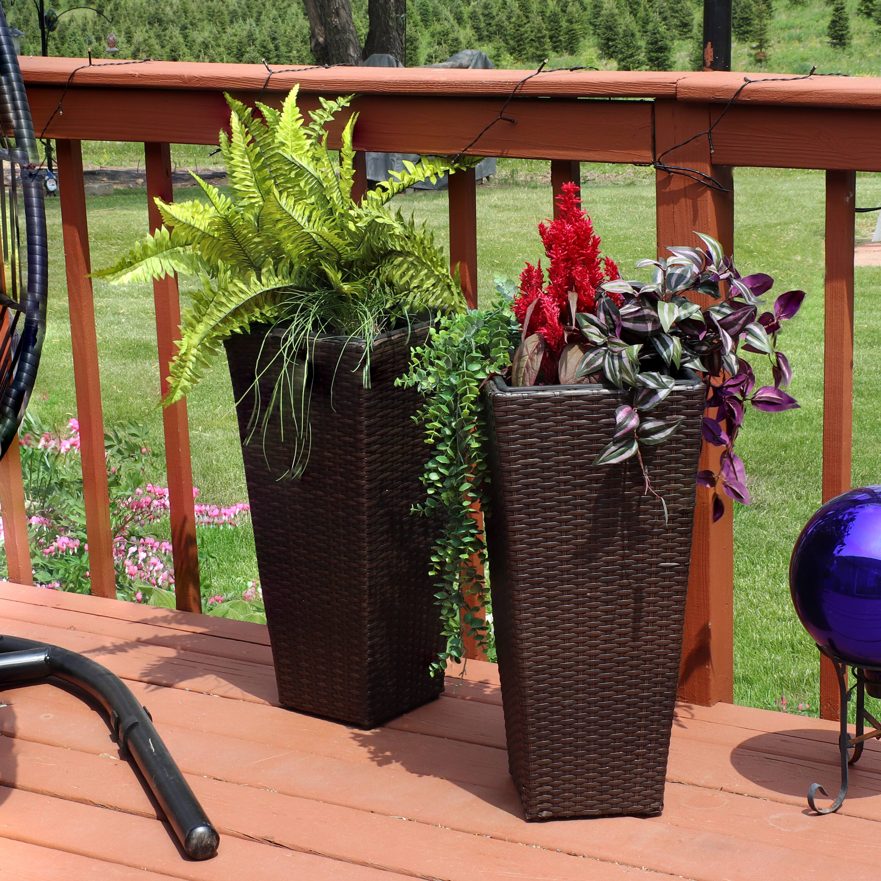 Alt View 7. Sunnydaze - 24 in Polyrattan Tall Square Planter - Set of 8 - Brown.
