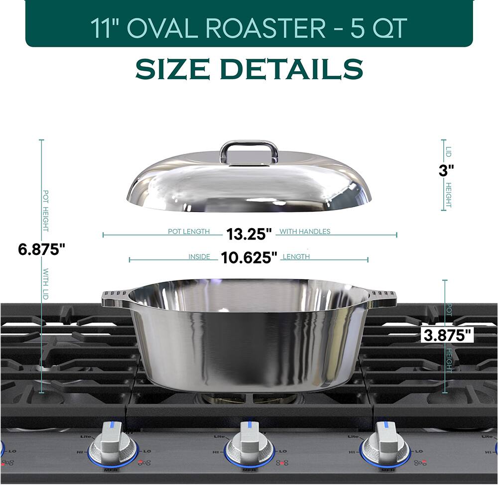 11" OVAL ROASTER - 5 QT

SIZE DETAILS

POT HEIGHT 6.875" WITH LID
POT LENGTH 13.25" WITH HANDLES
INSIDE LENGTH 10.625"
LID HEIGHT 3"
POT HEIGHT 3.875"