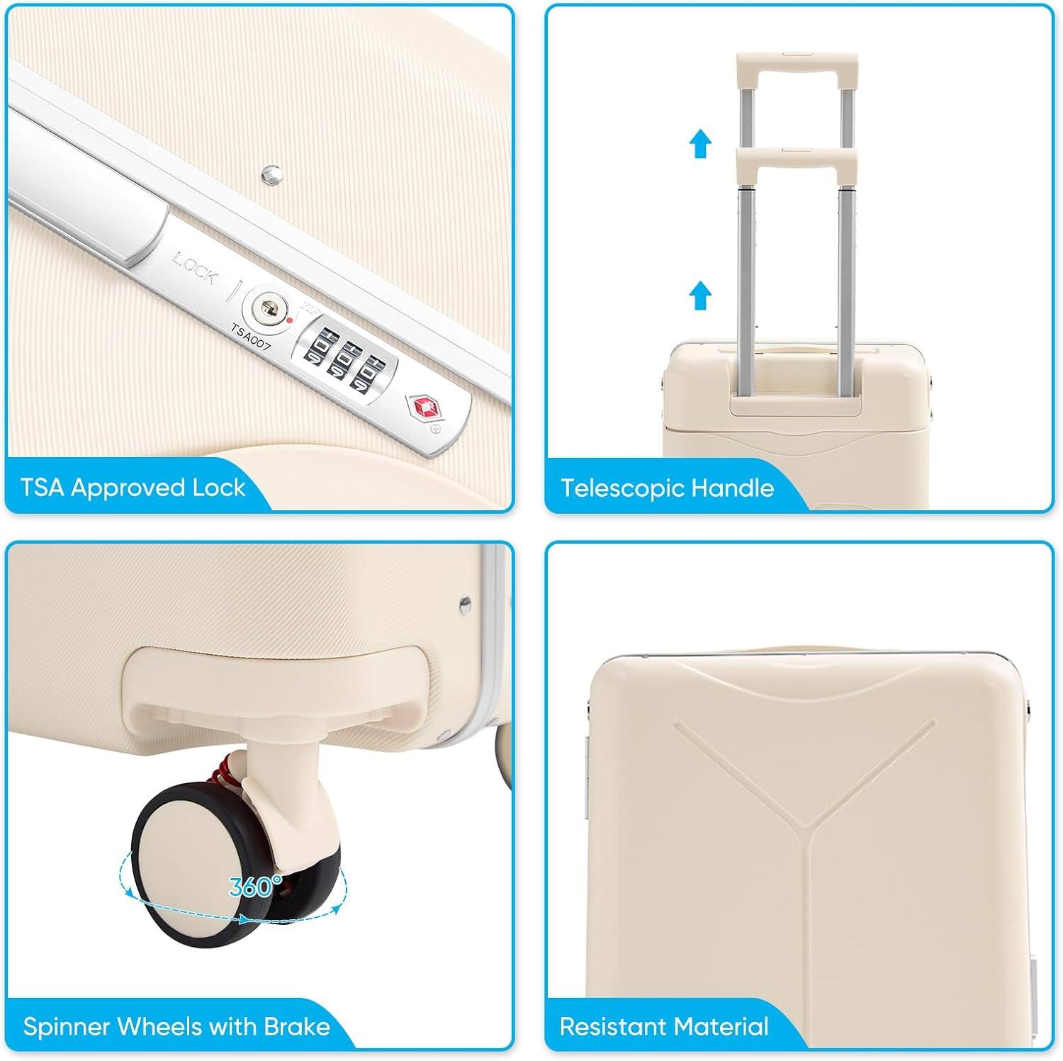 LOCK TSA007 - TSA Approved Lock  
Telescopic Handle  
360° Spinner Wheels with Brake  
Resistant Material