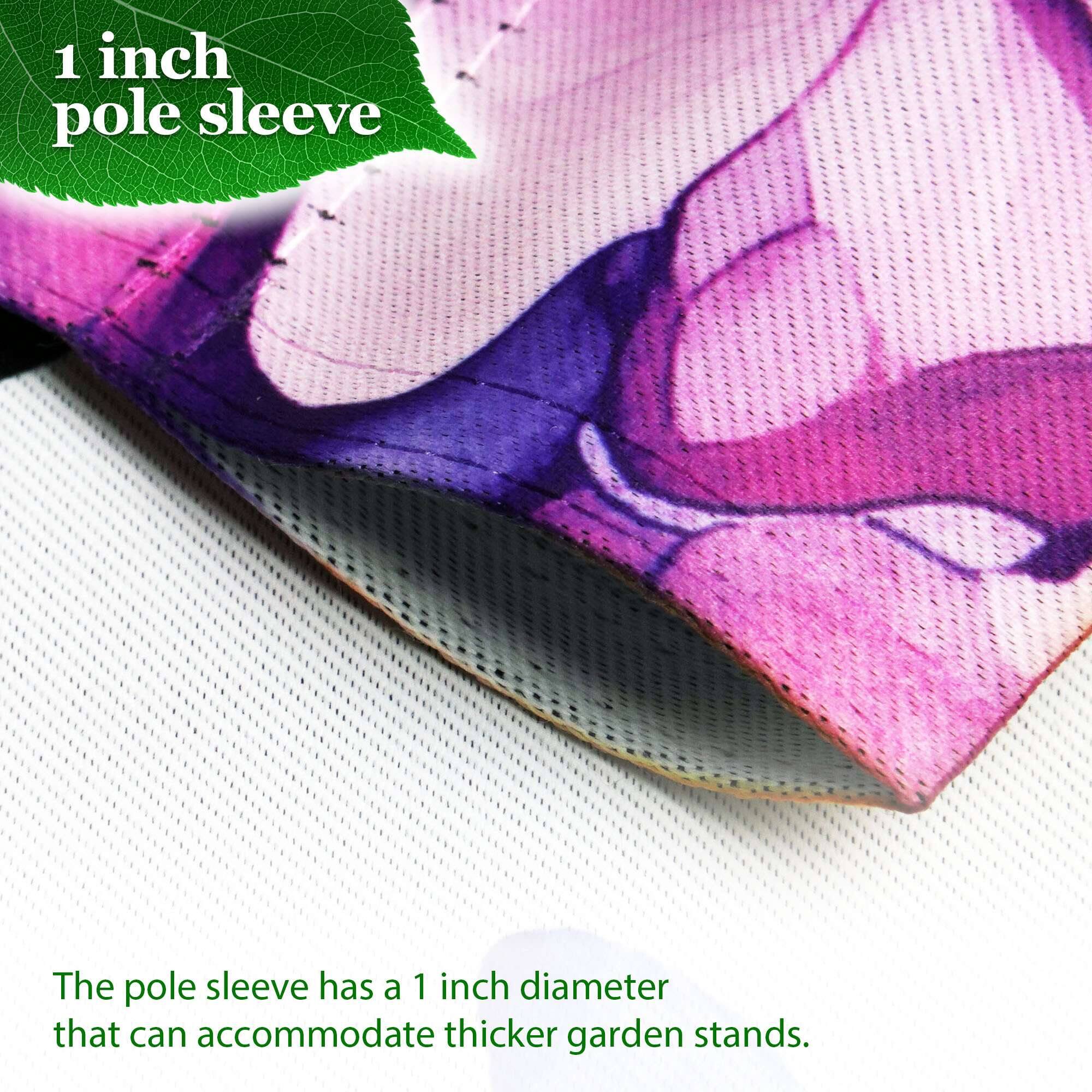 1 inch pole sleeve

The pole sleeve has a 1 inch diameter that can accommodate thicker garden stands.