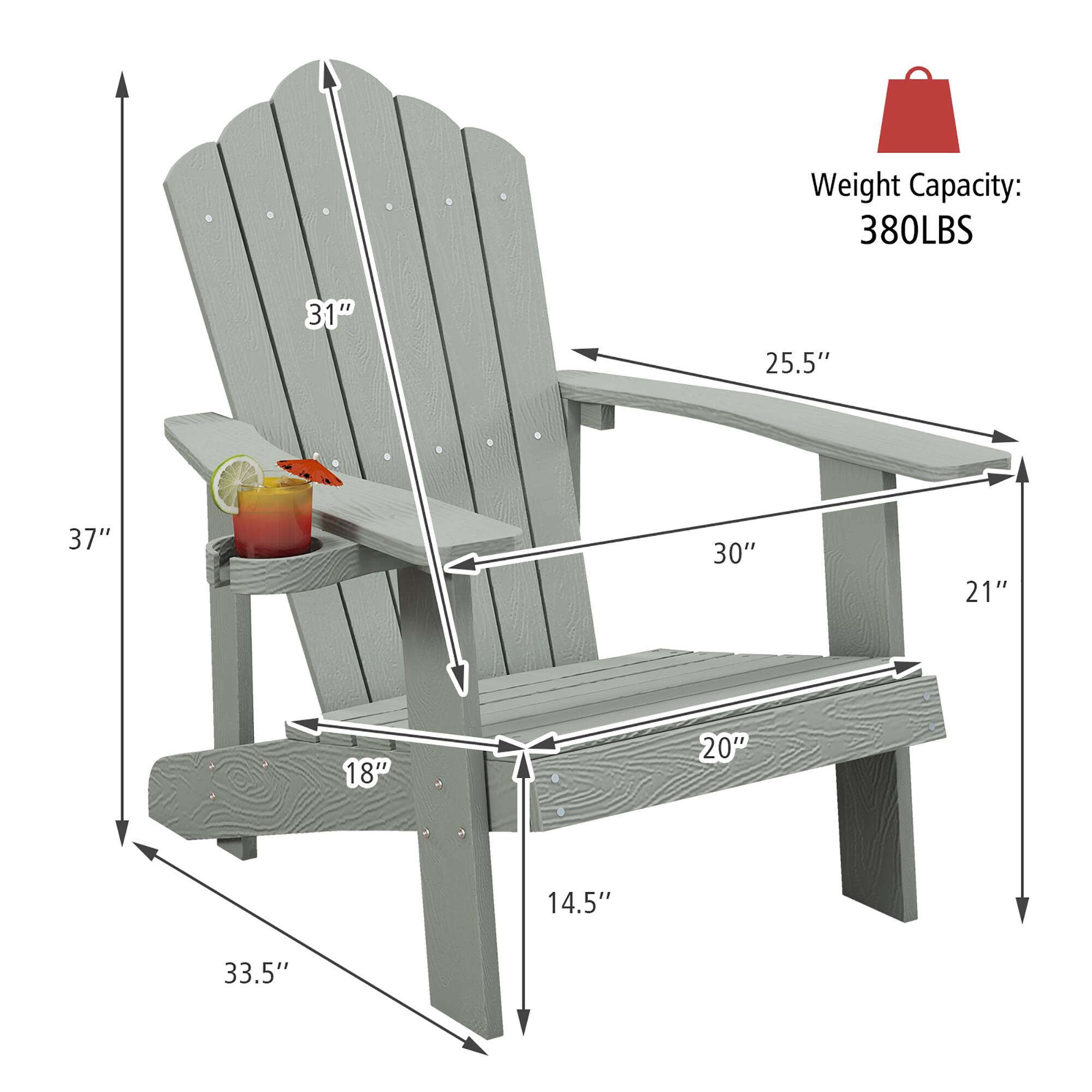 Weight Capacity: 380LBS

Dimensions:
- Height: 37"
- Seat width: 30"
- Back height: 31"
- Armrest width: 25.5"
- Overall width: 21"
- Seat depth: 20"
- Leg width: 18"
- Leg height: 14.5"
- Overall height: 33.5"