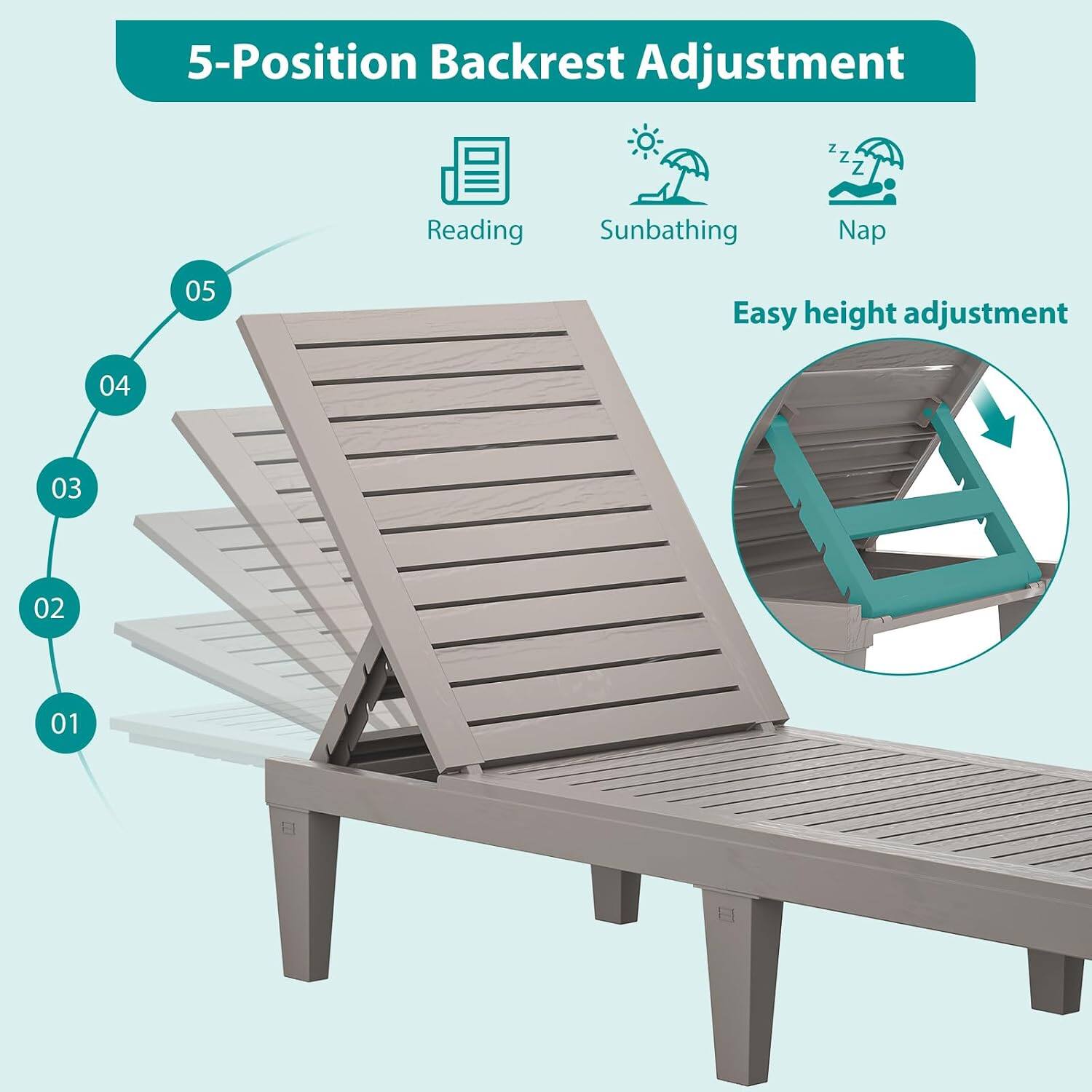 5-Position Backrest Adjustment

Reading Sunbathing Nap

Easy height adjustment