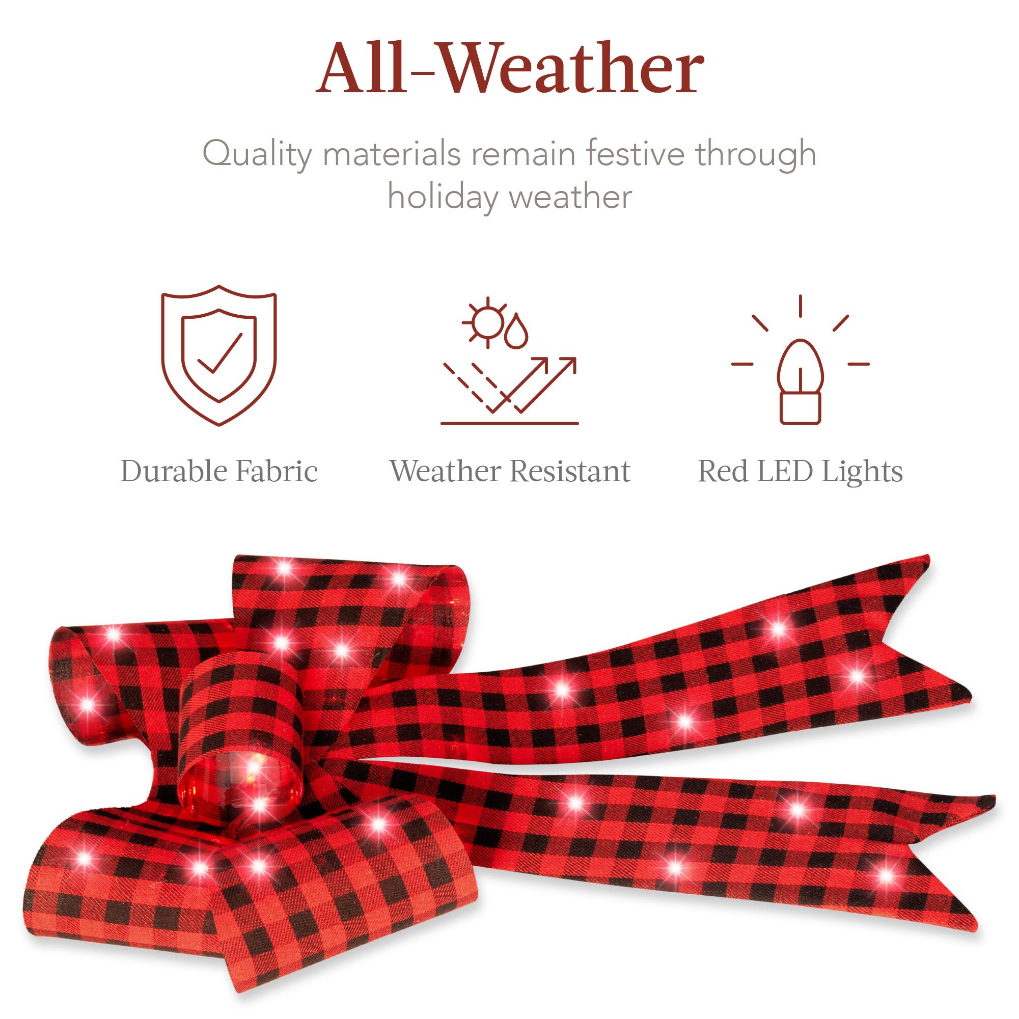 All-Weather

Quality materials remain festive through holiday weather

- Durable Fabric
- Weather Resistant
- Red LED Lights