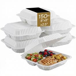 Eco Harmony Products - Clamshell (MFPP) Hinged Container (Center Slide), 3-compartment, 8" x 8", 150-Pack - White