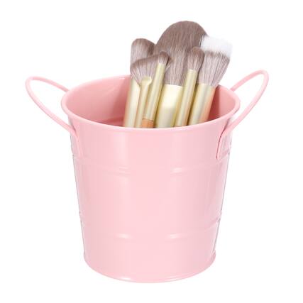 Front. Unique Bargains - Makeup Brush Holder Organizer with Handle, 3.5x4.4 inch Metal Pen Holder Small Desktop Organizer - Pink.