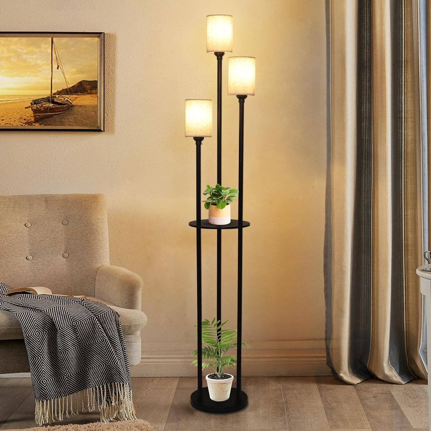 Alt View 7. Ecooso - Floor Lamp with Shelves, 3-Lights Standing Lamp with Linen Shade and Foot Switch for Living Room and Bedroom - Brown & Black.