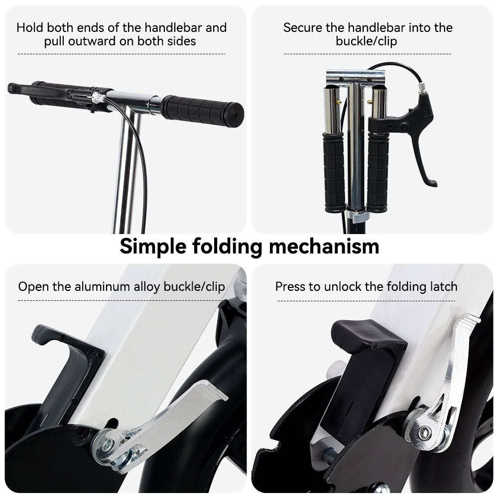 Hold both ends of the handlebar and pull outward on both sides

Secure the handlebar into the buckle/clip

Simple folding mechanism

Open the aluminum alloy buckle/clip

Press to unlock the folding latch