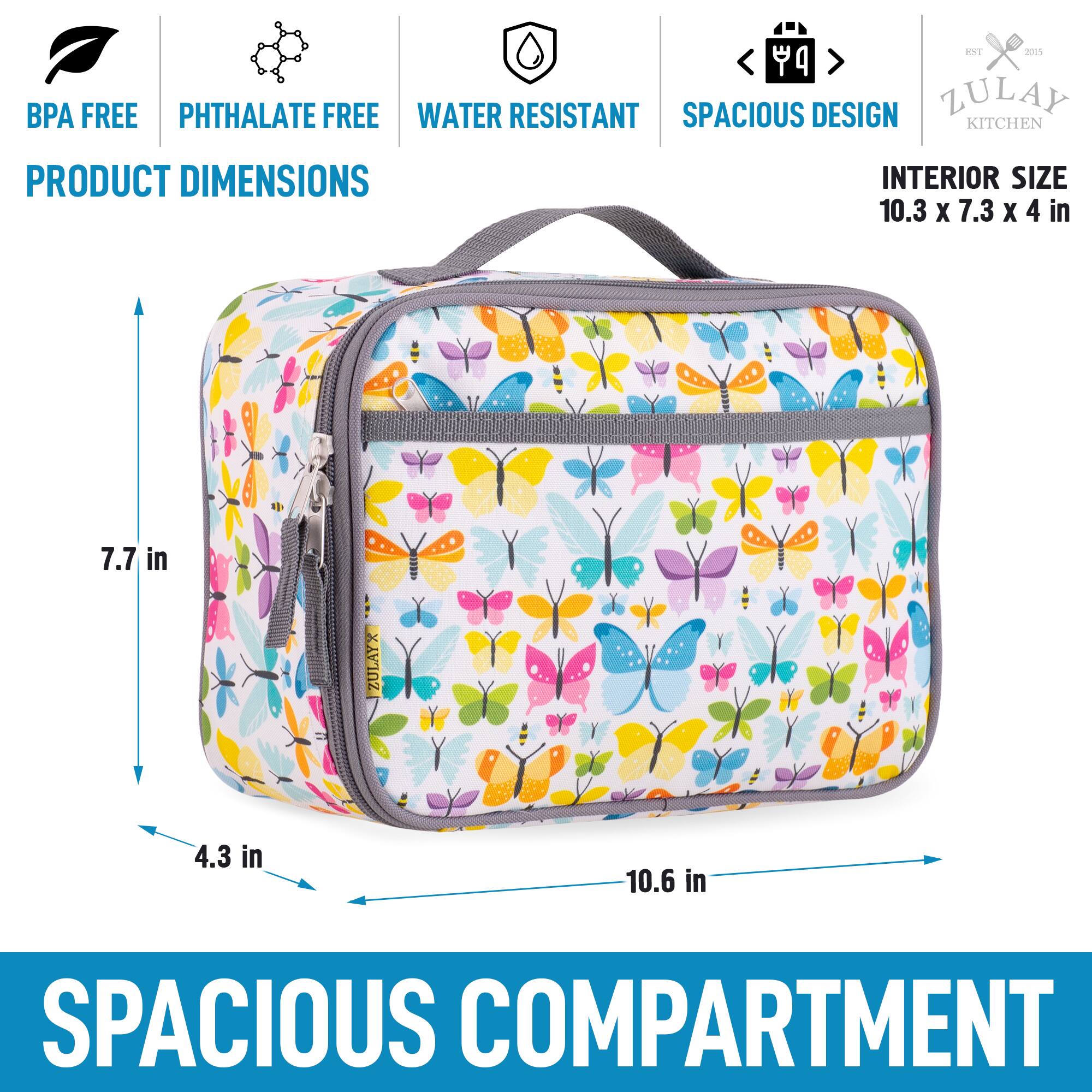 BPA FREE, PHTHALATE FREE, WATER RESISTANT, SPACIOUS DESIGN, ZULAY KITCHEN, PRODUCT DIMENSIONS, INTERIOR SIZE 10.3 X 7.3 X 4 in, 7.7 in, 4.3 in, 10.6 in, SPACIOUS COMPARTMENT