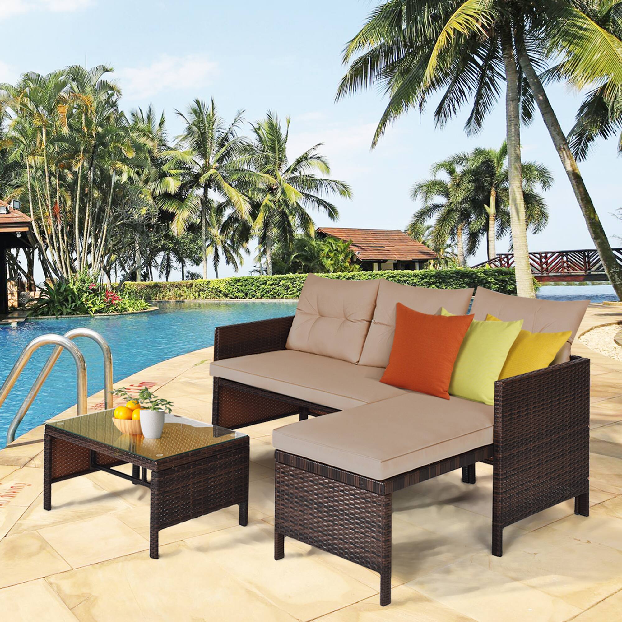 Alt View 3. Gymax - Gymax 3PC Rattan Furniture Sofa Lounge Chaise Set Outdoor Patio Garden - mix brown.