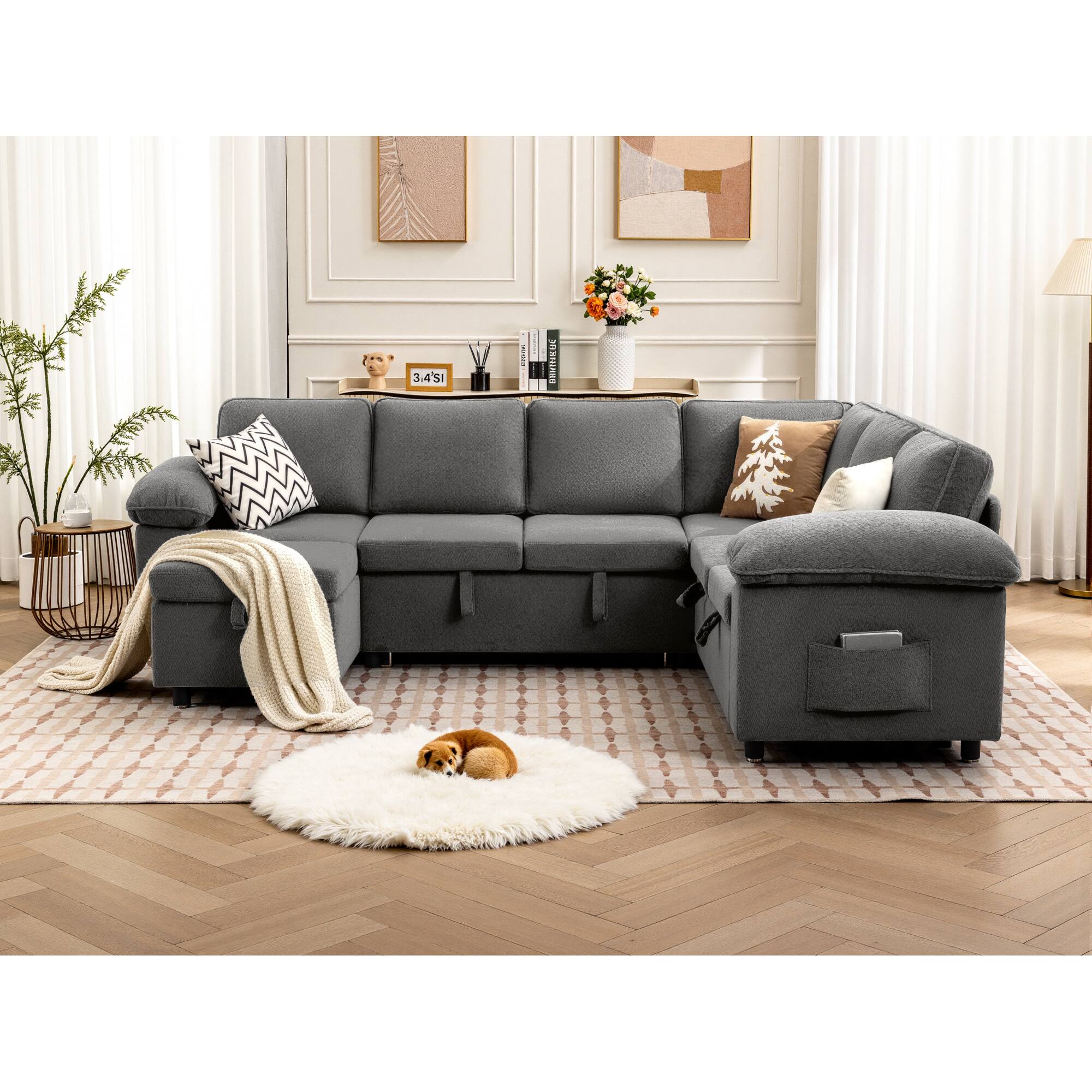 Alt View 2. KERDOM - Combined Convertible L-Shape Sofa with Storage Chaise for Living Room, Modular Sectional Sleeper Couch with Pull Out Bed - Grey-A.