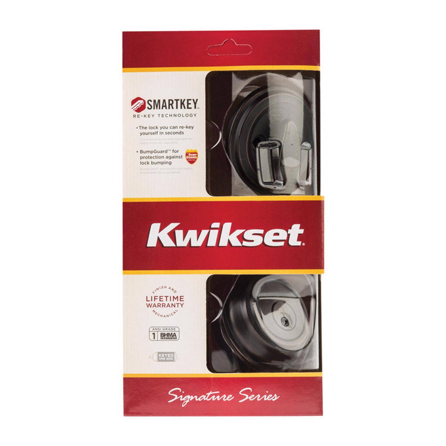 SMARTKEY RE-KEY TECHNOLOGY  
The lock you can re-key yourself in seconds  
BumpGuard for protection against lock bumping  

Kwikset  
LIFETIME WARRANTY  
REHANICAL ANSI GRADE 1 DHMA  

KEYED Signature Series