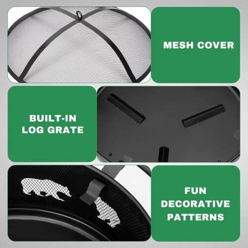 MESH COVER  
BUILT-IN LOG GRATE  
FUN DECORATIVE PATTERNS