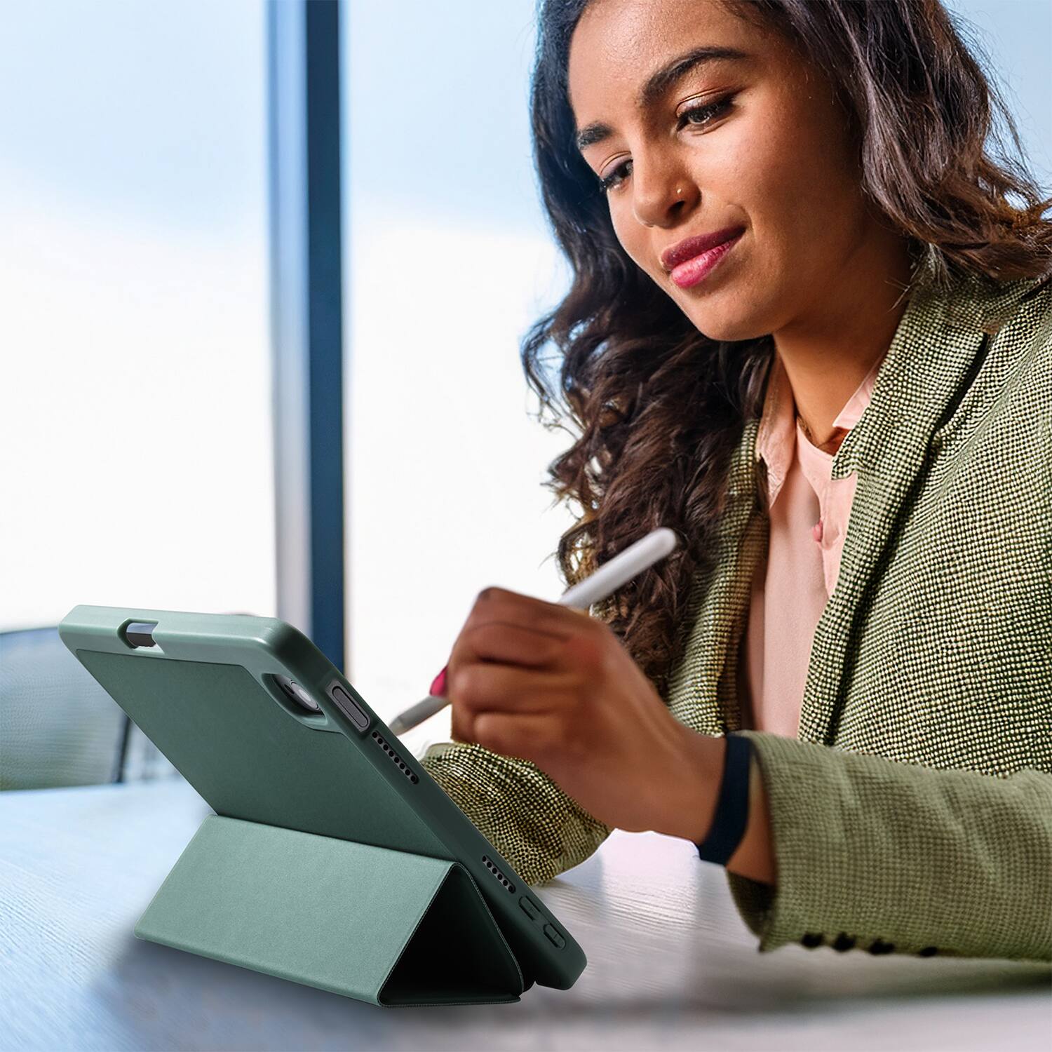 Angle. Vena - For Apple iPad Mini 6 Case, iPad Mini A17 Pro Case, iPad Mini 7 Case, Slim Trifold Stand, Protective Cover Green - Green.