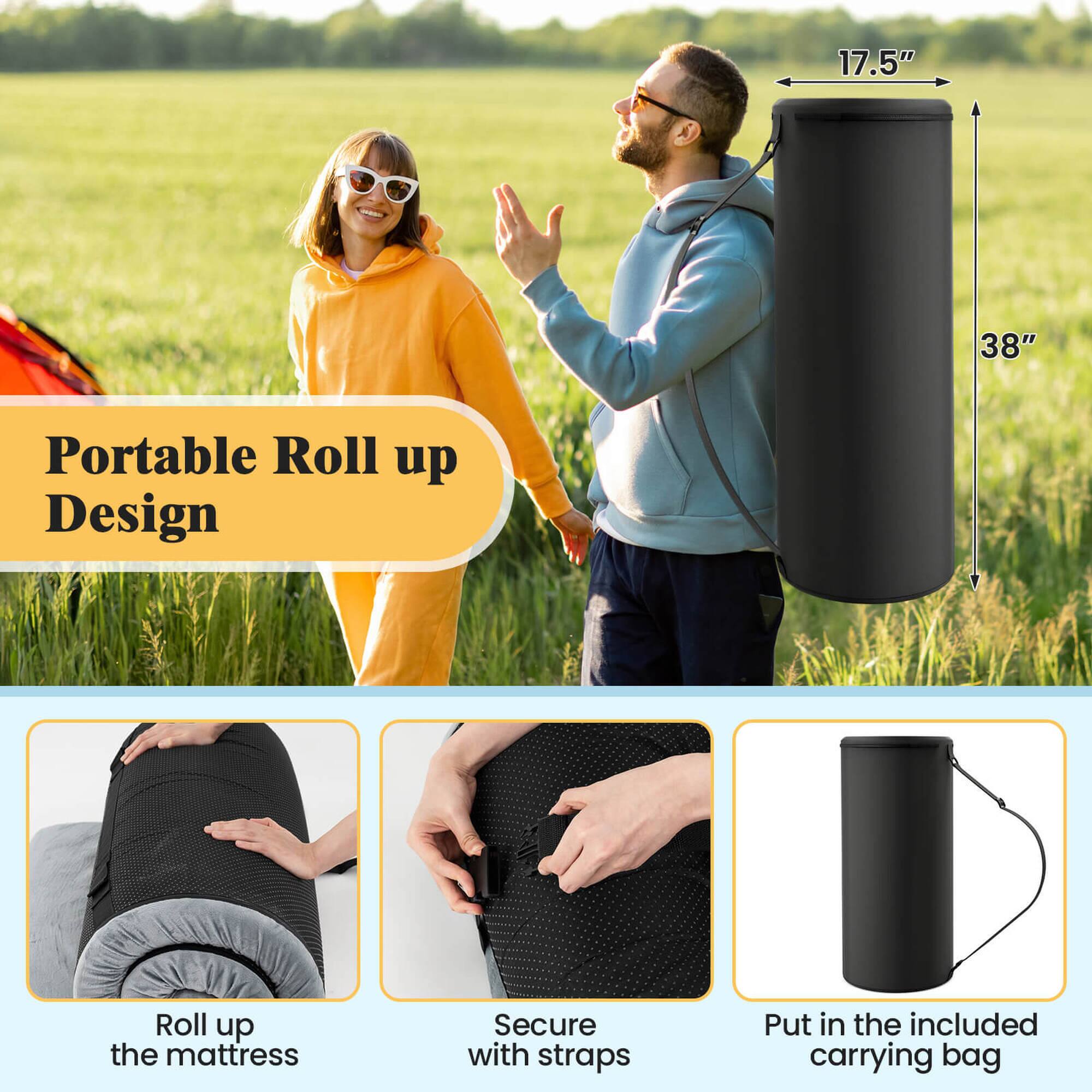 17.5" x 38" Portable Roll up Design  
- Roll up the mattress  
- Secure with straps  
- Put in the included carrying bag