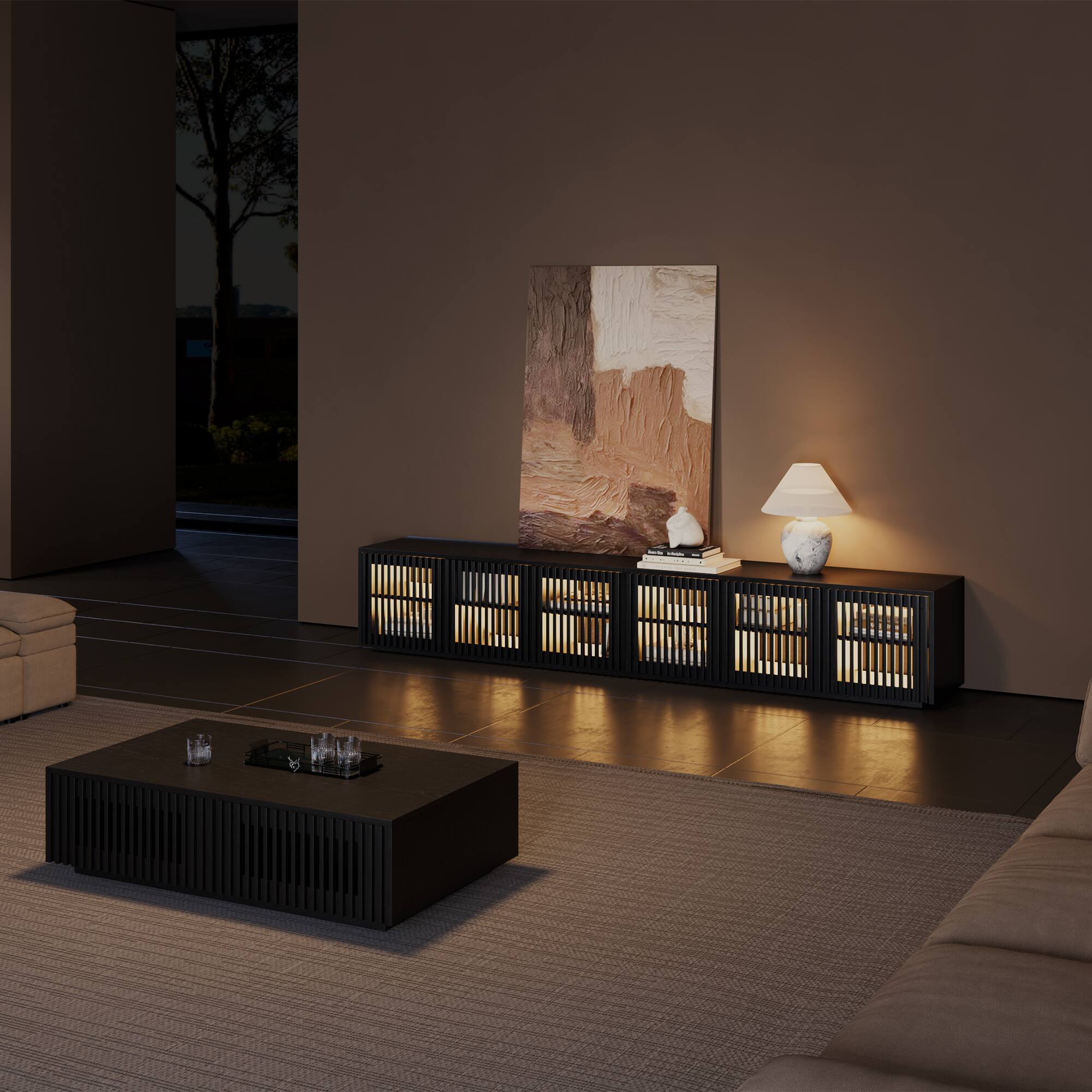 Left. POVISON - 95" Mid-Century Modern Wood Slatted TV Stand with LED lights，Minimalist Entertainment Center, Perfect for 85-inch TVs - Black.