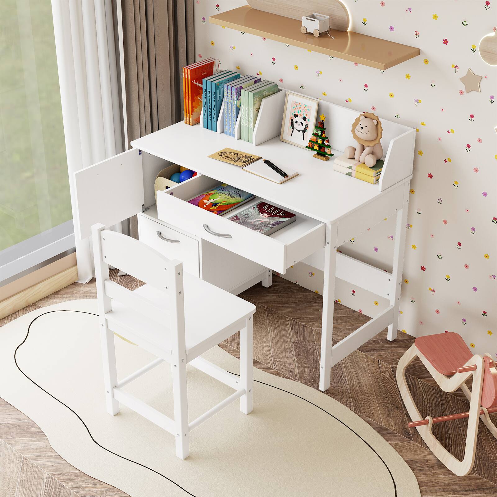 Alt View 1. Gymax - Gymax Kids Study Desk & Chair Set w/Chair 2 Storage Cabinets Drawer 4 Book Sorters - White.