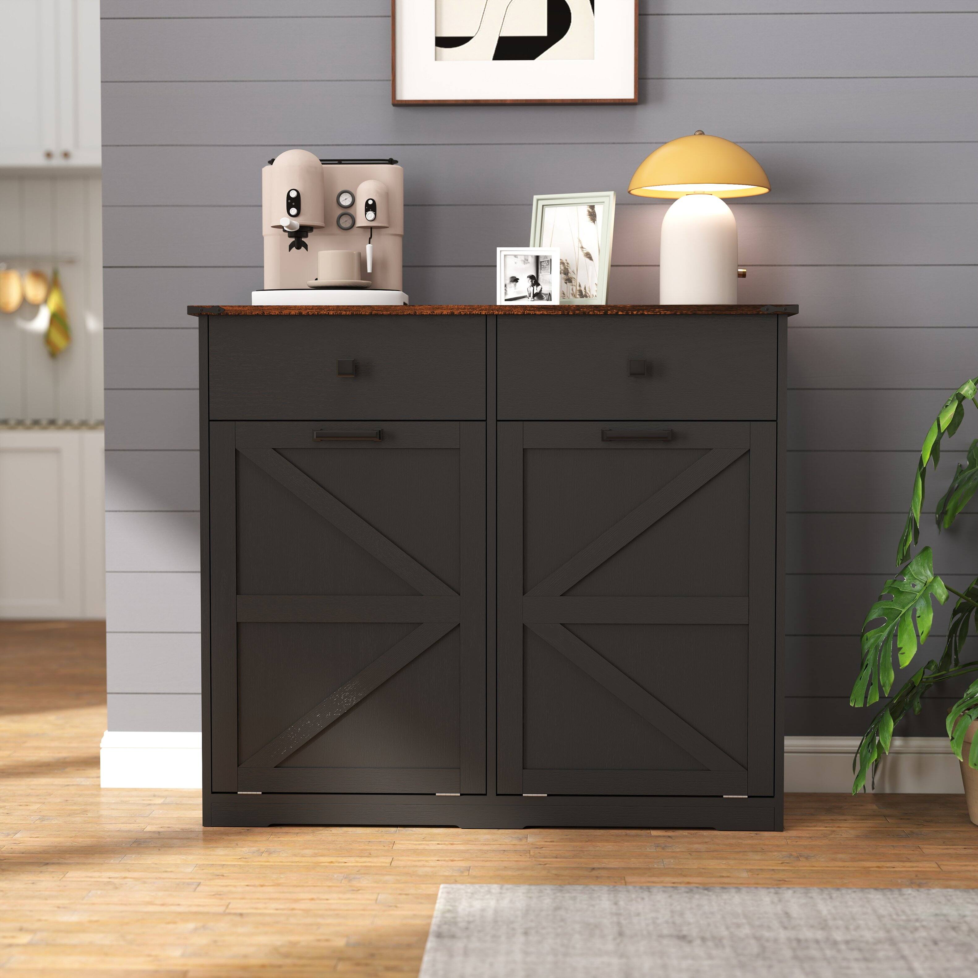 Angle. GOODSILO - Double Tilt Out Trash Cabinet - Farmhouse Style Kitchen Recycling Cabinet with Drawer - Black.