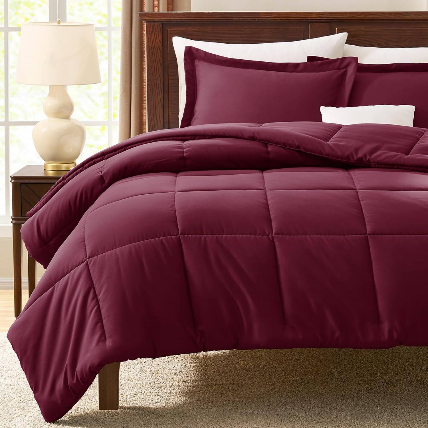 Alt View 4. FINEAK - Queen Comforter Set-Soft, All-Season, 3-Piece Comfort - Burgundy.