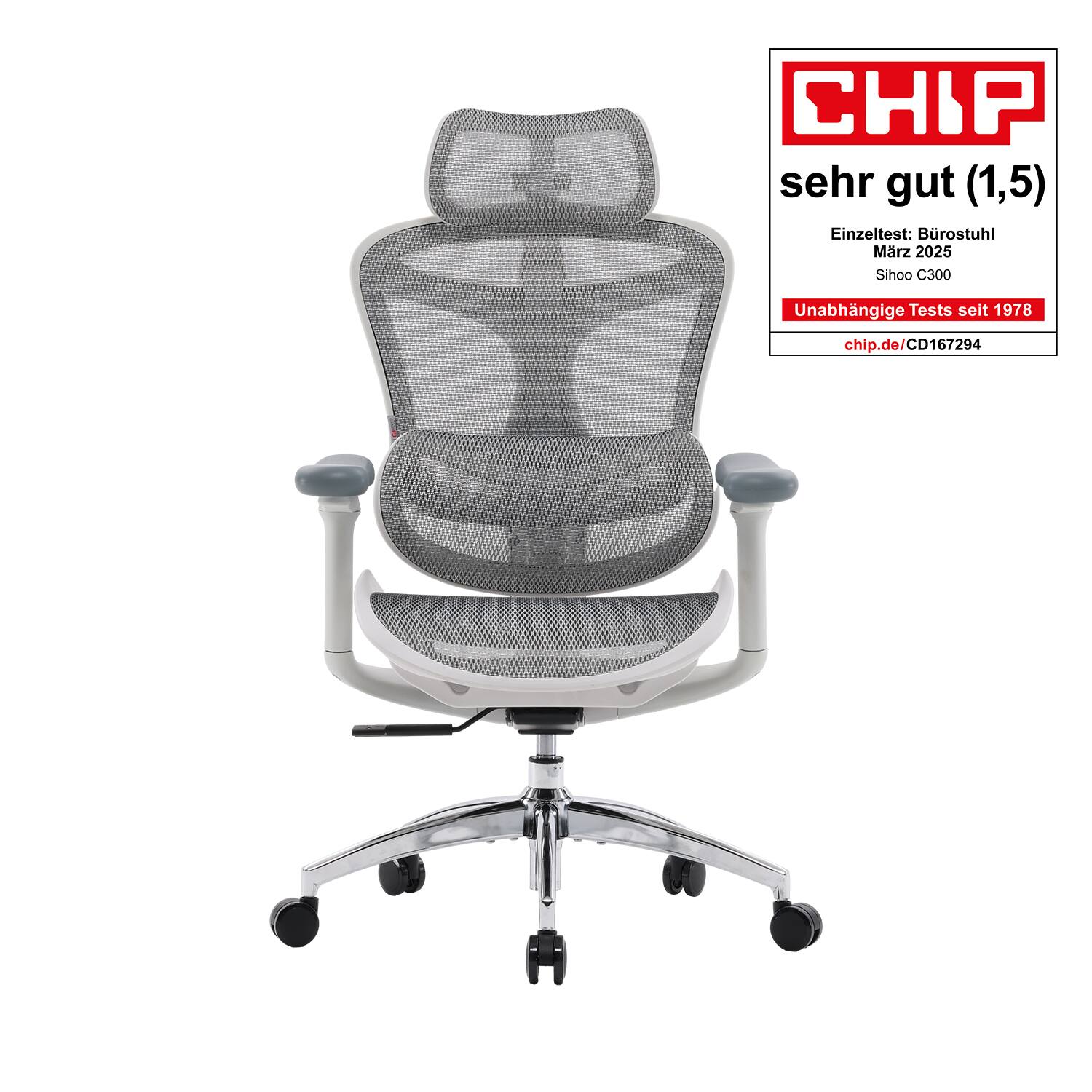 CHIP sehr gut (1,5)  
Einzeltest: Bürostuhl  
März 2025  
Sihoo C300  
Unabhängige Tests seit 1978  
chip.de/CD167294