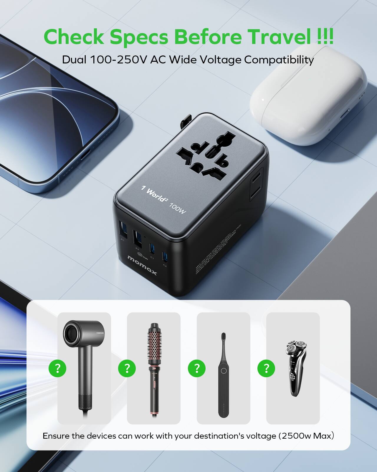 Check Specs Before Travel !!!  
Dual 100-250V AC Wide Voltage Compatibility  
1 World² 100W  
Ensure the devices can work with your destination's voltage (2500w Max)