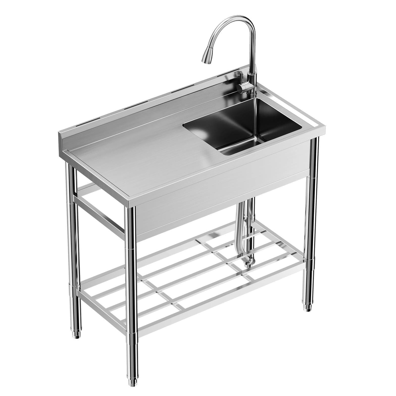 Front. GARVEE - Stainless Steel Utility Sink with Workbench, Commercial Single Bowl Sink w/Hot & Cold Faucet, Shelf & Drain Kit - Silver.