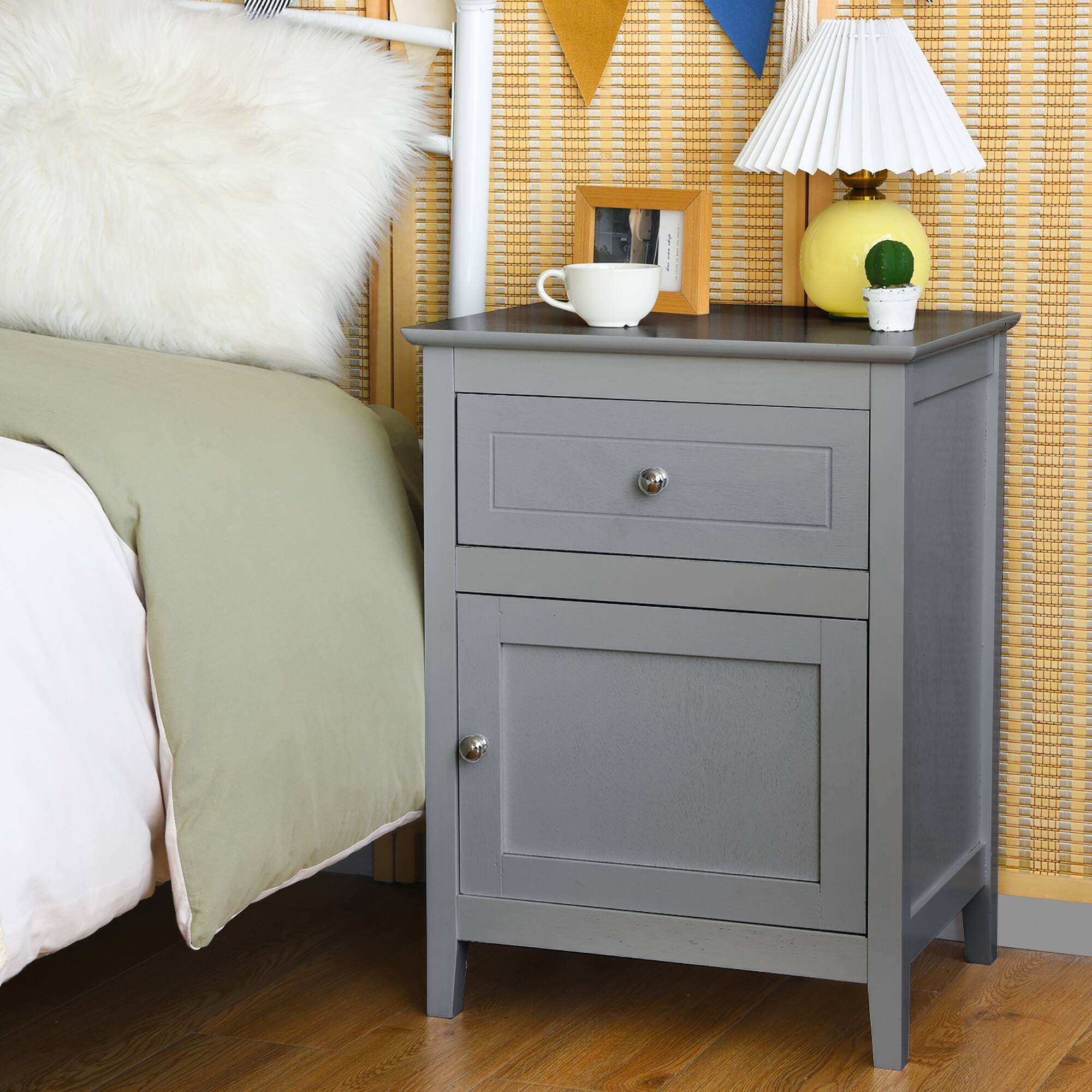 Alt View 11. Costway - Nightstand with Drawer Accent Side End Table Storage Cabinet - Gray.