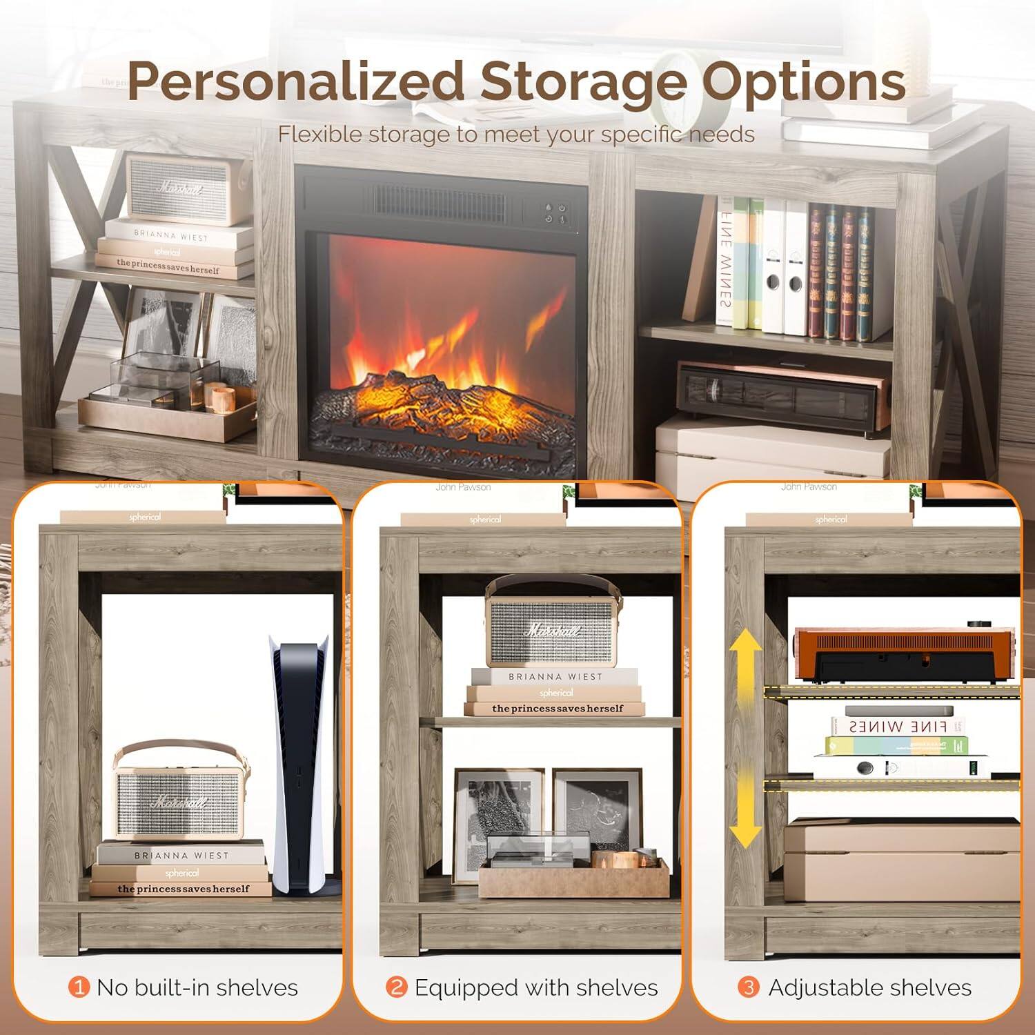 Personalized Storage Options  
Flexible storage to meet your specific needs  

1. No built-in shelves  
2. Equipped with shelves  
3. Adjustable shelves