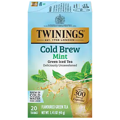 TWININGS
EST. 1706 LONDON
Cold Brew Mint
Green Iced Tea
Deliciously Unsweetened
BREW IN COLD WATER FOR 3-5 MIN
20 FLAVOURED GREEN TEA TEA BAGS
NET WT. 1.41 OZ (40g)
Expertise