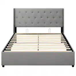 LUCKY ONE - Queen Assembled Lift-up Storage Bed with Linen Upholstered Wingback Headboard Gas Struts - Gray