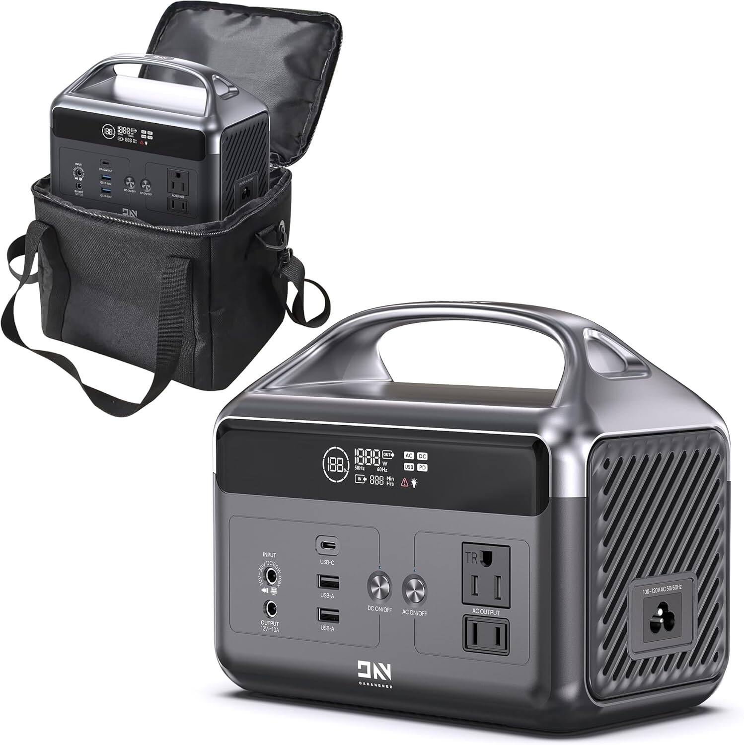 8888  
1000W  
1000W  
10A  
888  
AL DC  
USB-A  
USB-C  
DC OUTPUT  
AC OUTPUT  
AC ON/OFF  
DC ON/OFF  
USB-A  
USB-C  
INPUT  
OUTPUT  
100-240V~50/60Hz