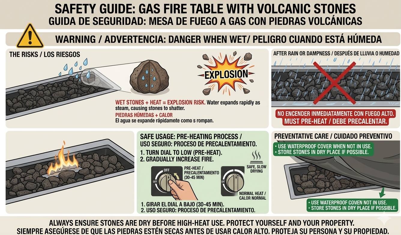 SAFETY GUIDE: GAS FIRE TABLE WITH VOLCANIC STONES  
GUIDA DE SEGURIDAD: MESA DE FUEGO A GAS CON PIEDRAS VOLCÁNICAS  

WARNING / ADVERTENCIA: DANGER WHEN WET / PELIGRO CUANDO ESTÁ HÚMEDA  

THE RISKS / LOS RIESGOS  
AFTER RAIN OR DAMPNESS / DESPUÉS DE LLUVIA O HUMEDAD  
WET STONES + HEAT = EXPLOSION RISK. Water expands rapidly as steam, causing stones to shatter.  
PIEDRAS HÚMEDAS + CALOR = RIESGO DE EXPLOSIÓN. El agua se expande rápidamente como vapor, causando que las piedras se rompan.  

NO ENCENDER INMEDIATAMENTE CON FUEGO ALTO.  
MUST PRE-HEAT / DEBE PRECALENTAR.  

SAFE USAGE: PRE-HEATING PROCESS / USO SEGURO: PROCESO DE PRECALENTAMIENTO  
1. TURN DIAL TO LOW (PRE-HEAT).  
2. GRADUALLY INCREASE FIRE.  
PRE