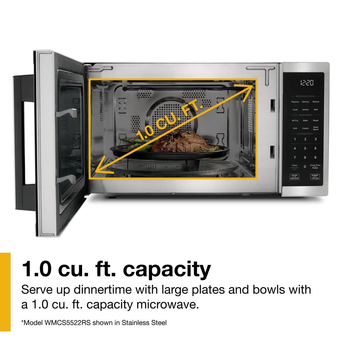 1.0 cu. ft. capacity

Serve up dinnertime with large plates and bowls with a 1.0 cu. ft. capacity microwave.

*Model WMCS5522RS shown in Stainless Steel