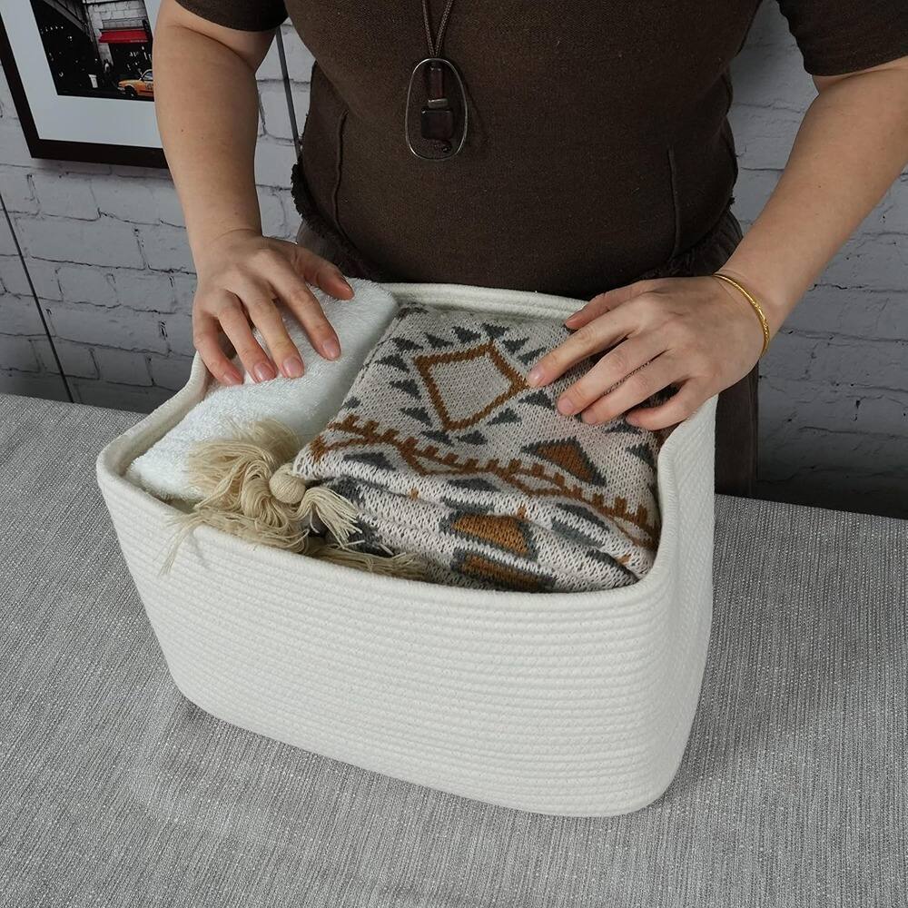 Front. RTMB - Cotton Rope Storage Baskets, White, Set of 3 – Woven Rectangular Bins.