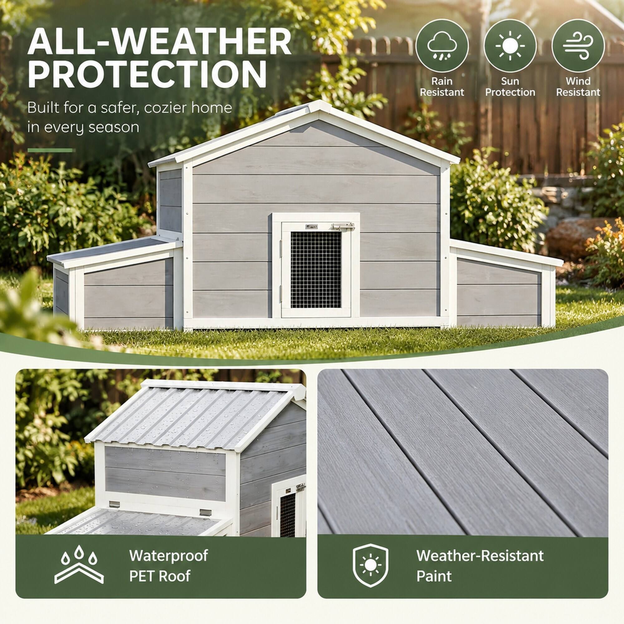 ALL-WEATHER PROTECTION  
Built for a safer, cozier home in every season

- Rain Resistant
- Sun Protection
- Wind Resistant

Waterproof PET Roof  
Weather-Resistant Paint