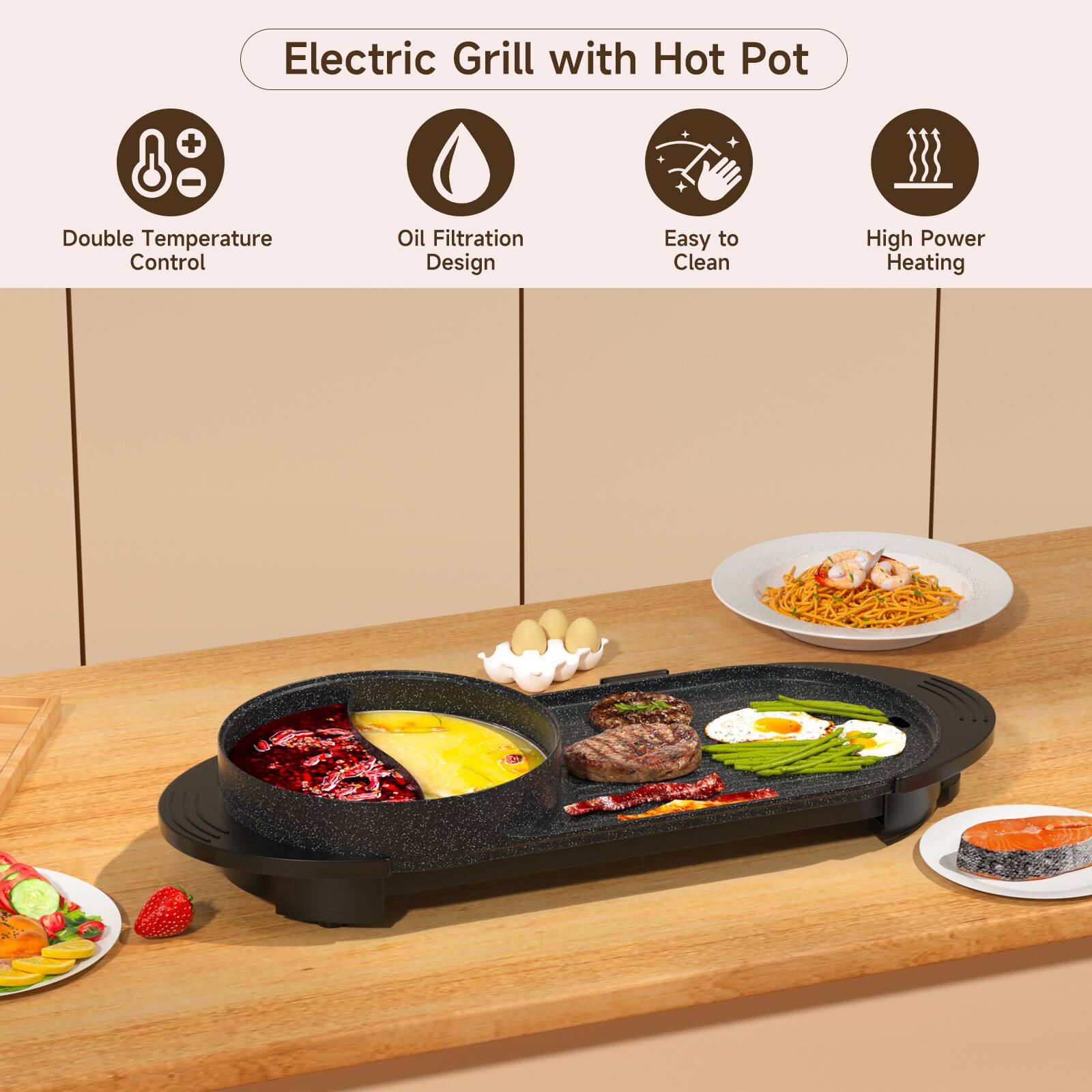Electric Grill with Hot Pot  
- Double Temperature Control  
- Oil Filtration Design  
- Easy to Clean  
- High Power Heating