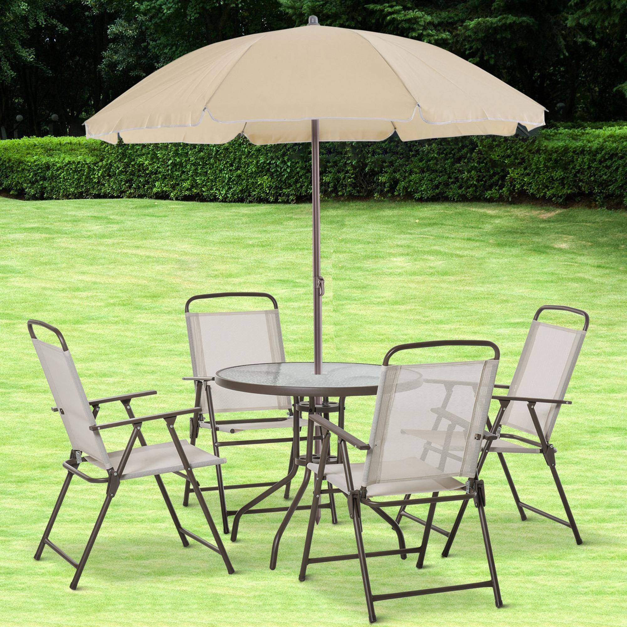 Alt View 1. Outsunny - 6 Piece Patio Dining Set for 4 with Umbrella, Outdoor Table and Chairs with 4 Folding Dining Chairs & Round Glass Table - Beige.