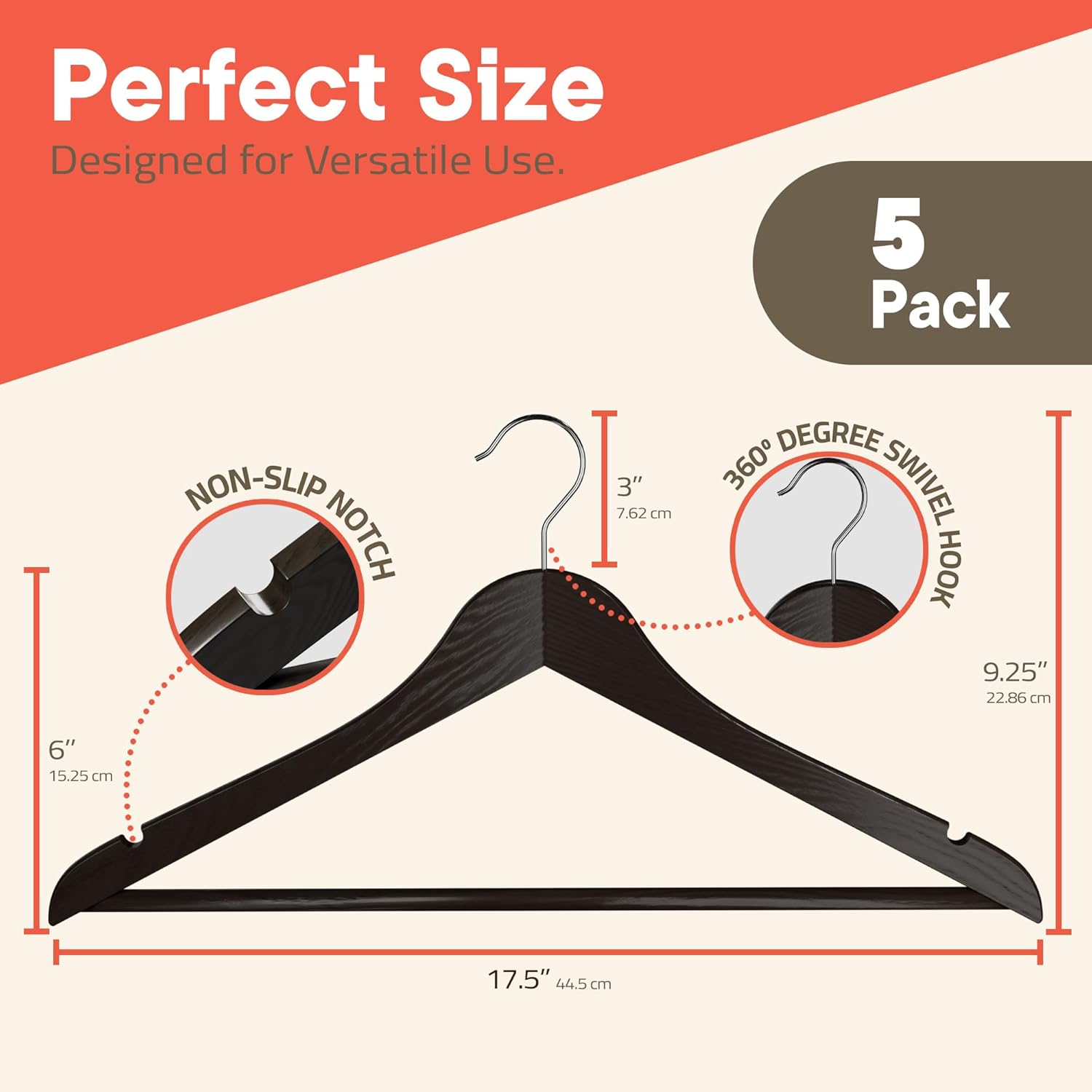 Perfect Size, Designed for Versatile Use, 5 Pack, NON-SLIP NOTCH, 3", 7.62 cm, 360° DEGREE SWIVEL HOOK, 9.25", 22.86 cm, 6", 15.25 cm, 17.5", 44.5 cm