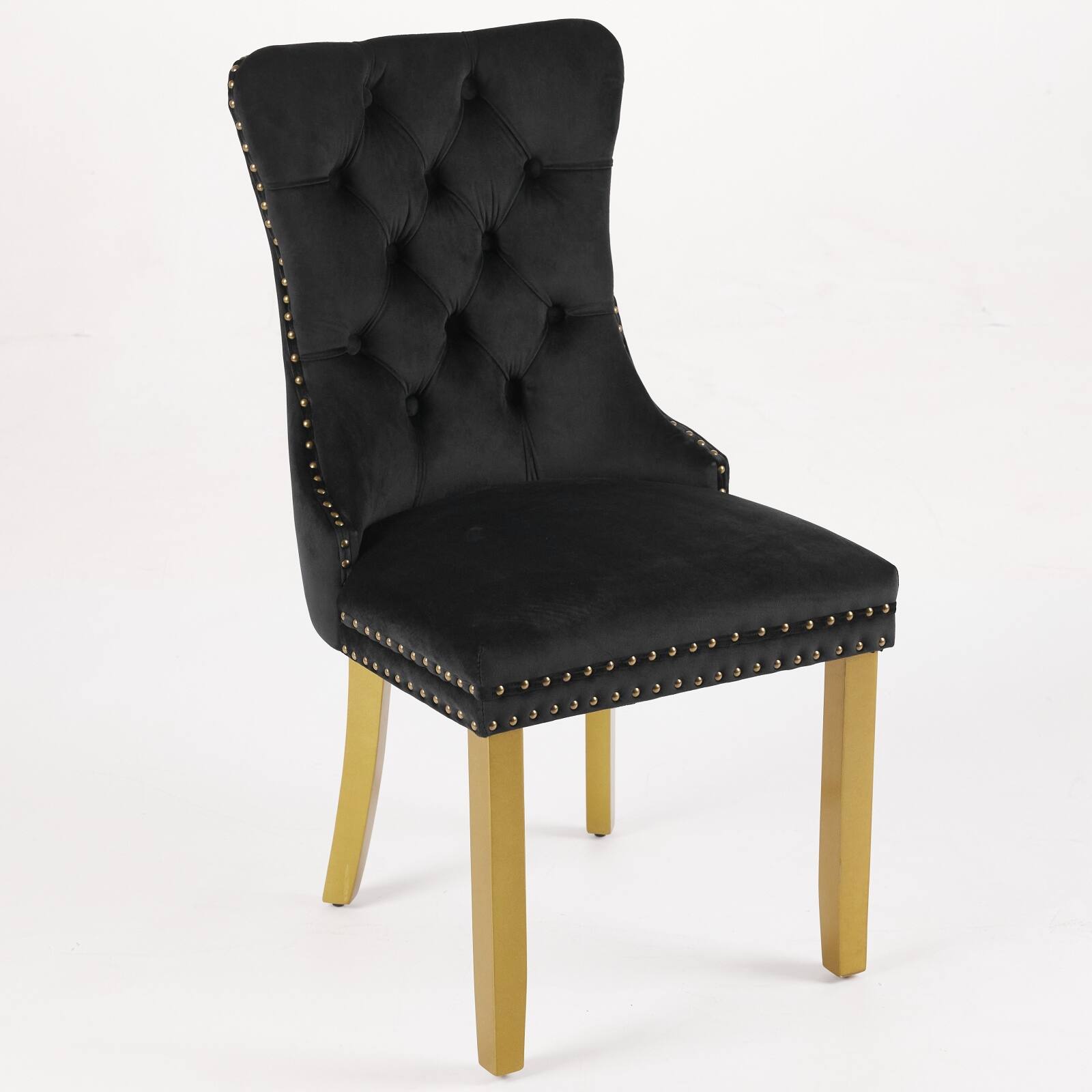 Back. Loheer - Loheer Black Velvet Dining Chairs Set of 2 Mid-Century Modern Tufted Solid Wood Golden Legs Lion Head Pull Ring - Black.