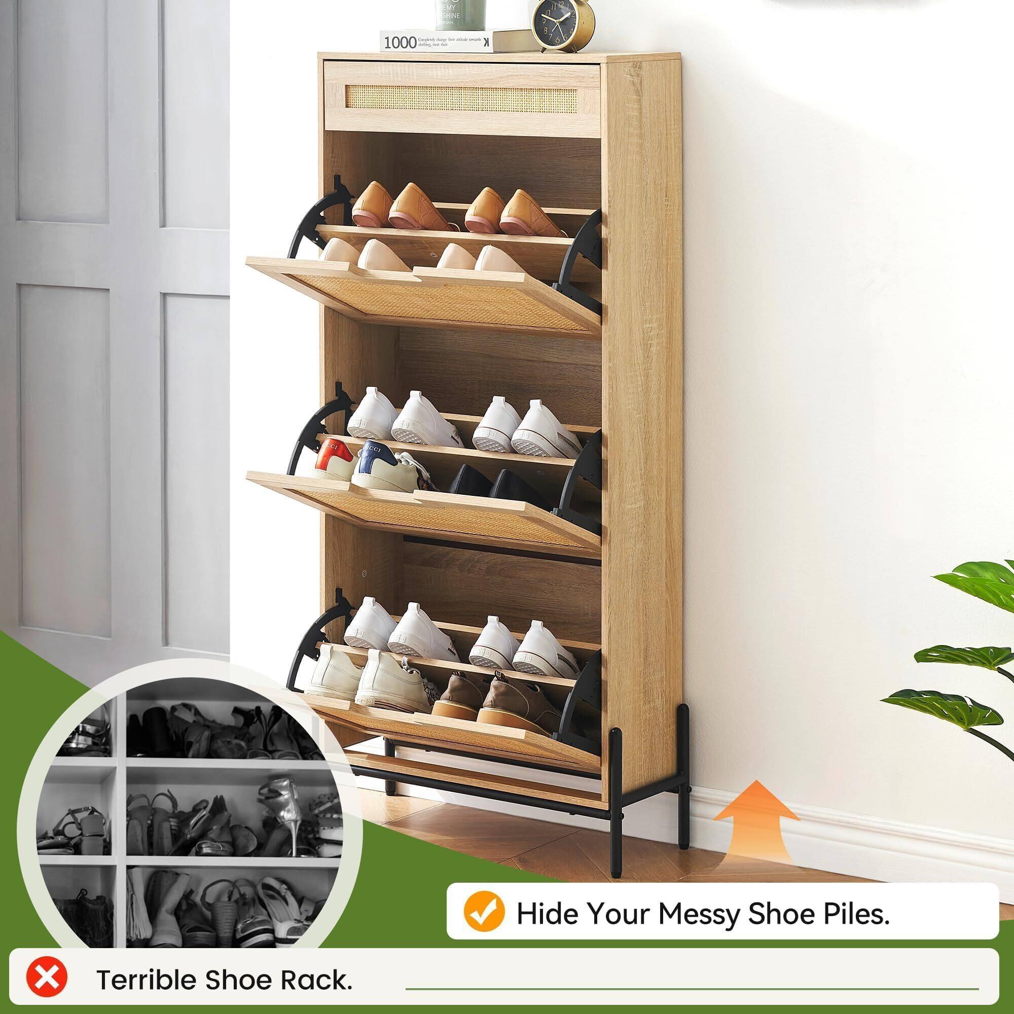 Hide Your Messy Shoe Piles.  
Terrible Shoe Rack.