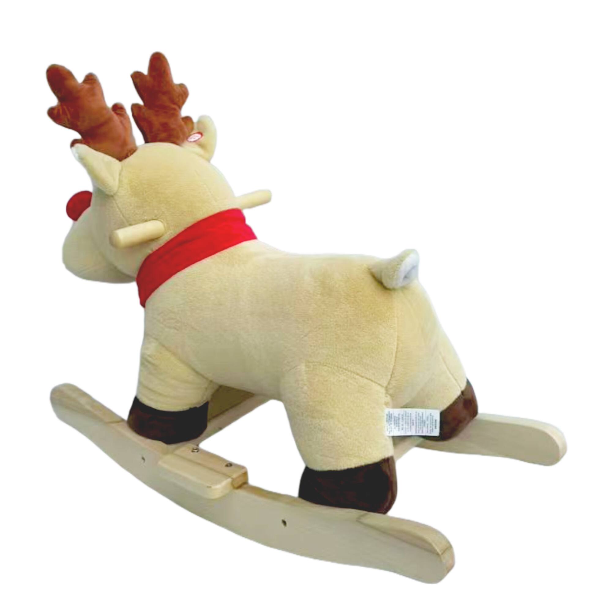 Left. Whisen - Plush Moose Rocking Horse Toy for Toddlers with Music,Safety Belt,Hand Puppets and Steel Frame - Apricot.